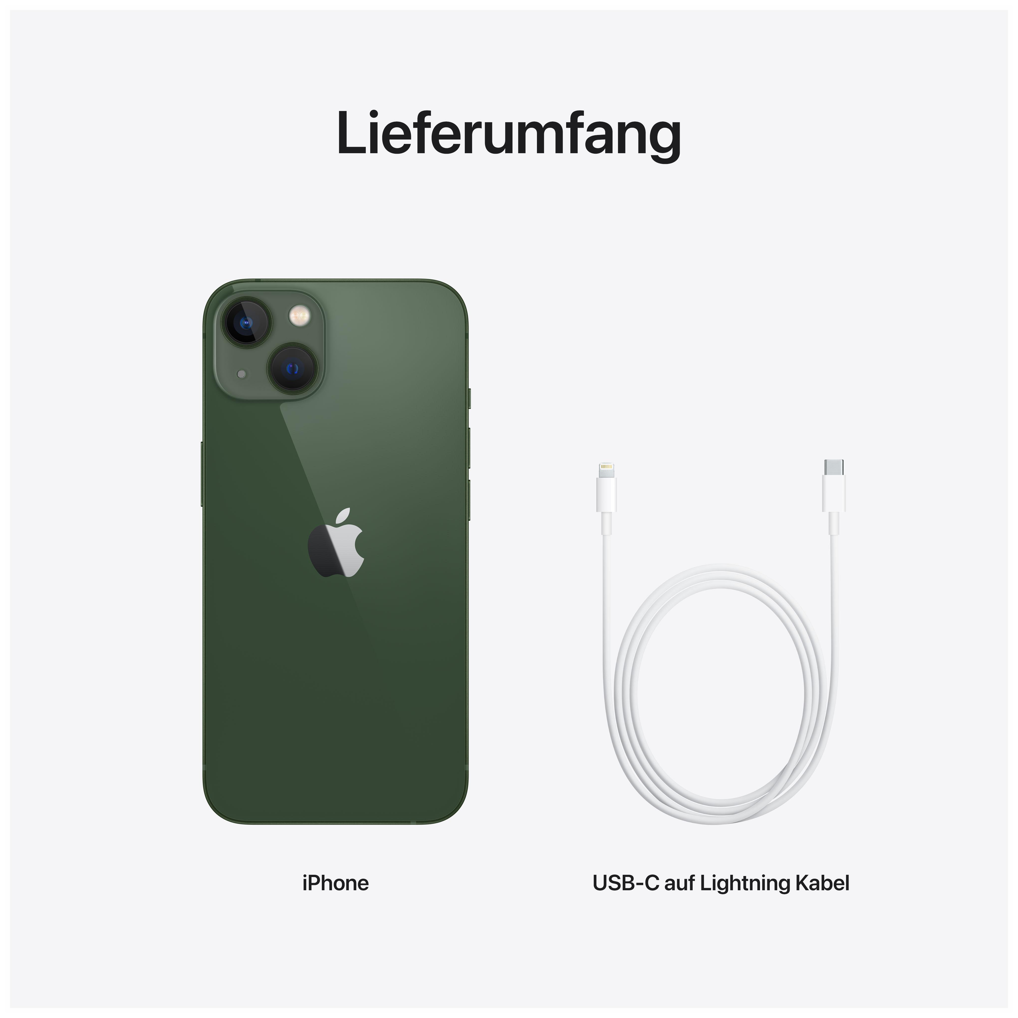 Grünes iPhone und weißes USB-C-Kabel auf weißer Oberfläche. Text: 'Lieferumfang'.