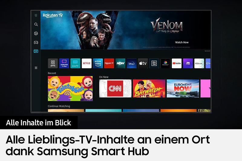 TV-Bildschirm zeigt Smart Hub-Oberfläche. Verschiedene Apps werden angezeigt. Dunkler Hintergrund.