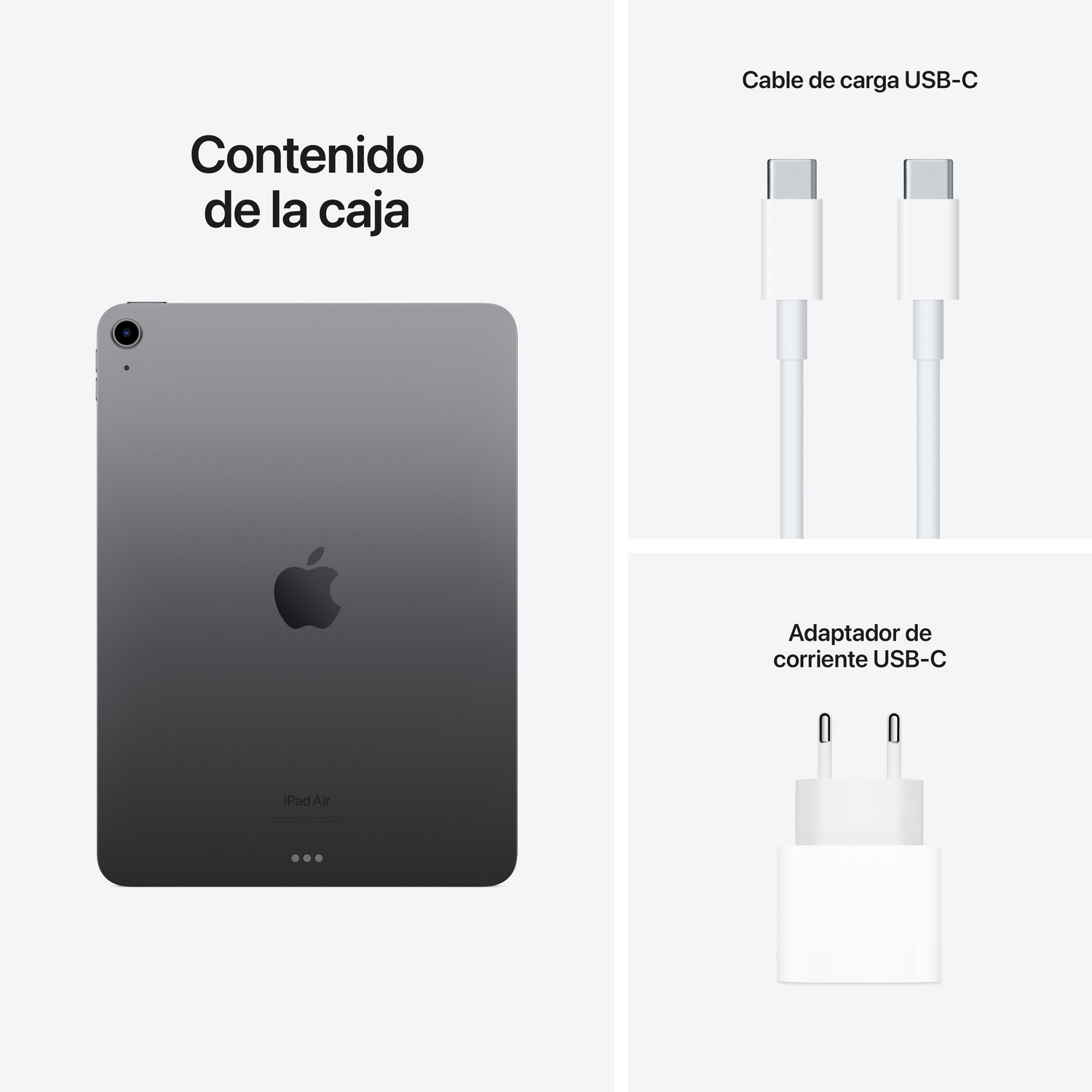 Un iPad Air, un cable de carga USB-C y un adaptador de corriente USB-C sobre fondo blanco.