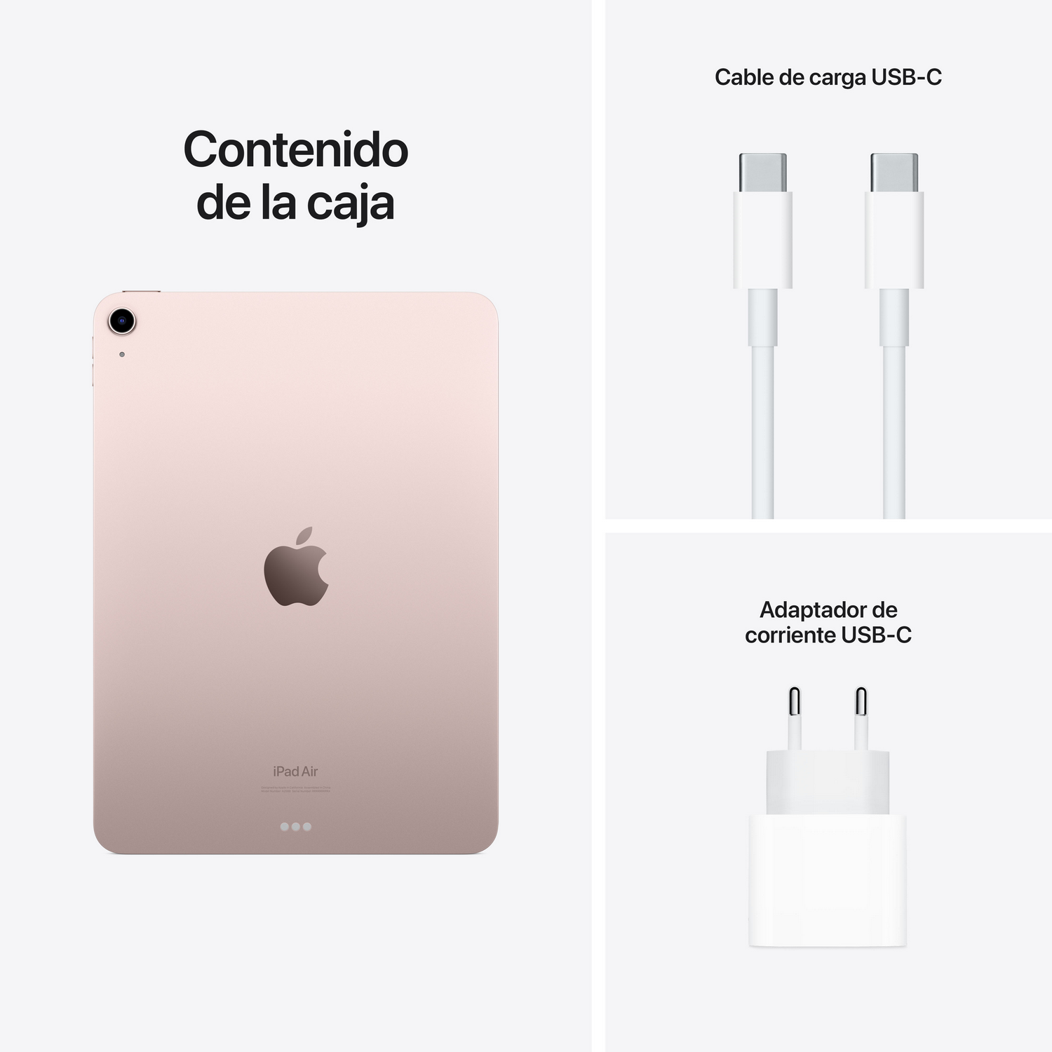 iPad Air, cable USB-C y cargador. El iPad es rosa. El cargador es blanco.