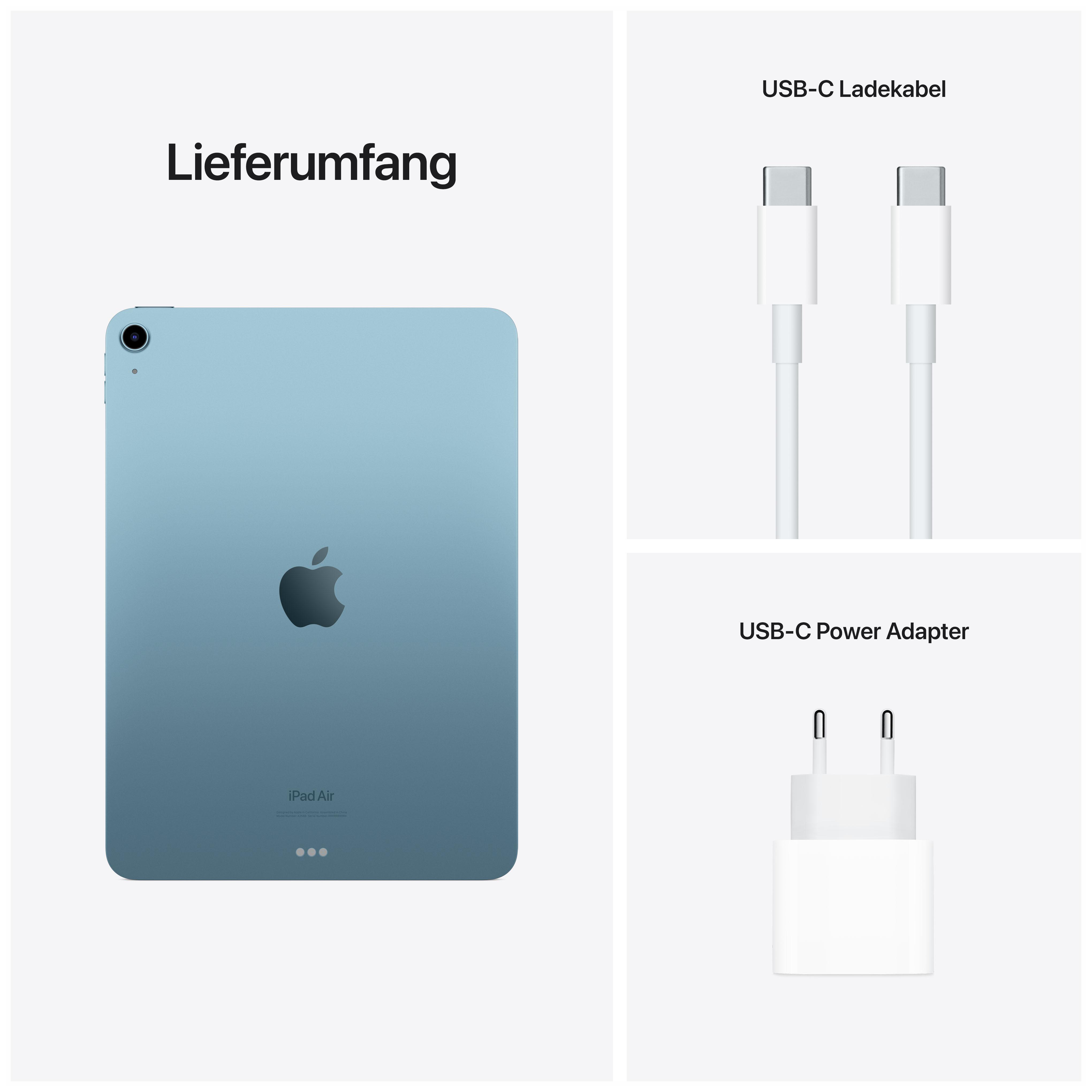 Ein iPad und Zubehör. Das iPad ist blau mit einem schwarzen Apple-Logo. Das Zubehör ist ein Kabel und Adapter.