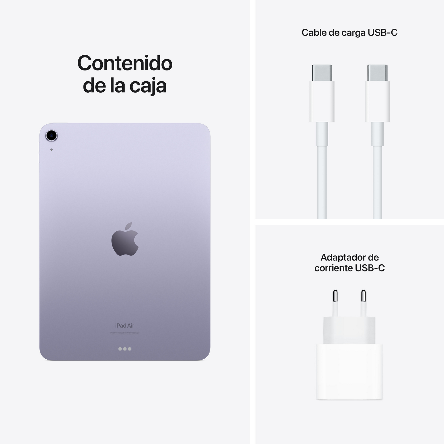 Un iPad Air con un cargador y un cable USB-C sobre fondo blanco.