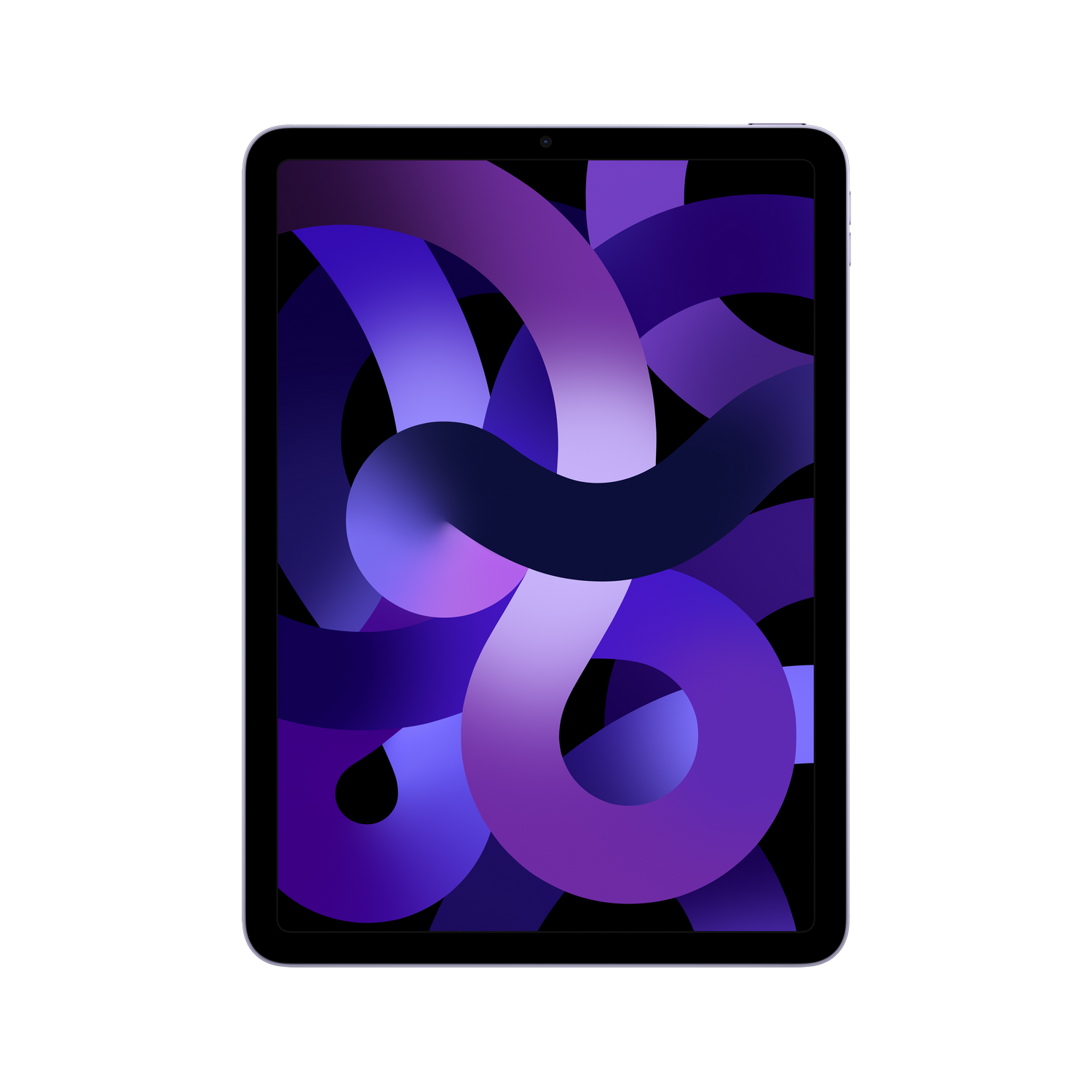 Tableta con pantalla que muestra formas abstractas y arremolinadas en tonos morados y azules.