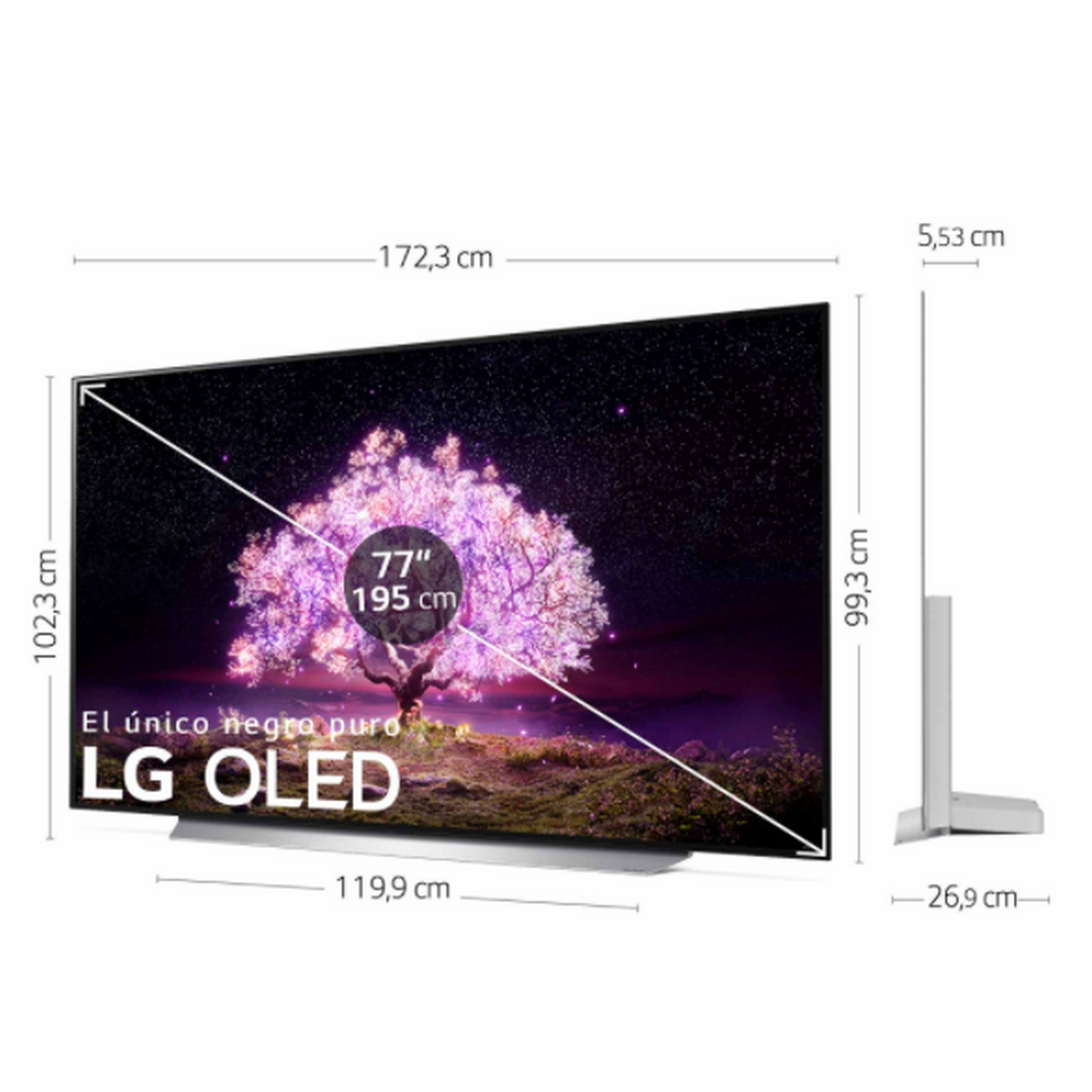 Un televisor LG OLED grande con dimensiones mostradas. Muestra un árbol con un brillo rosa y morado.