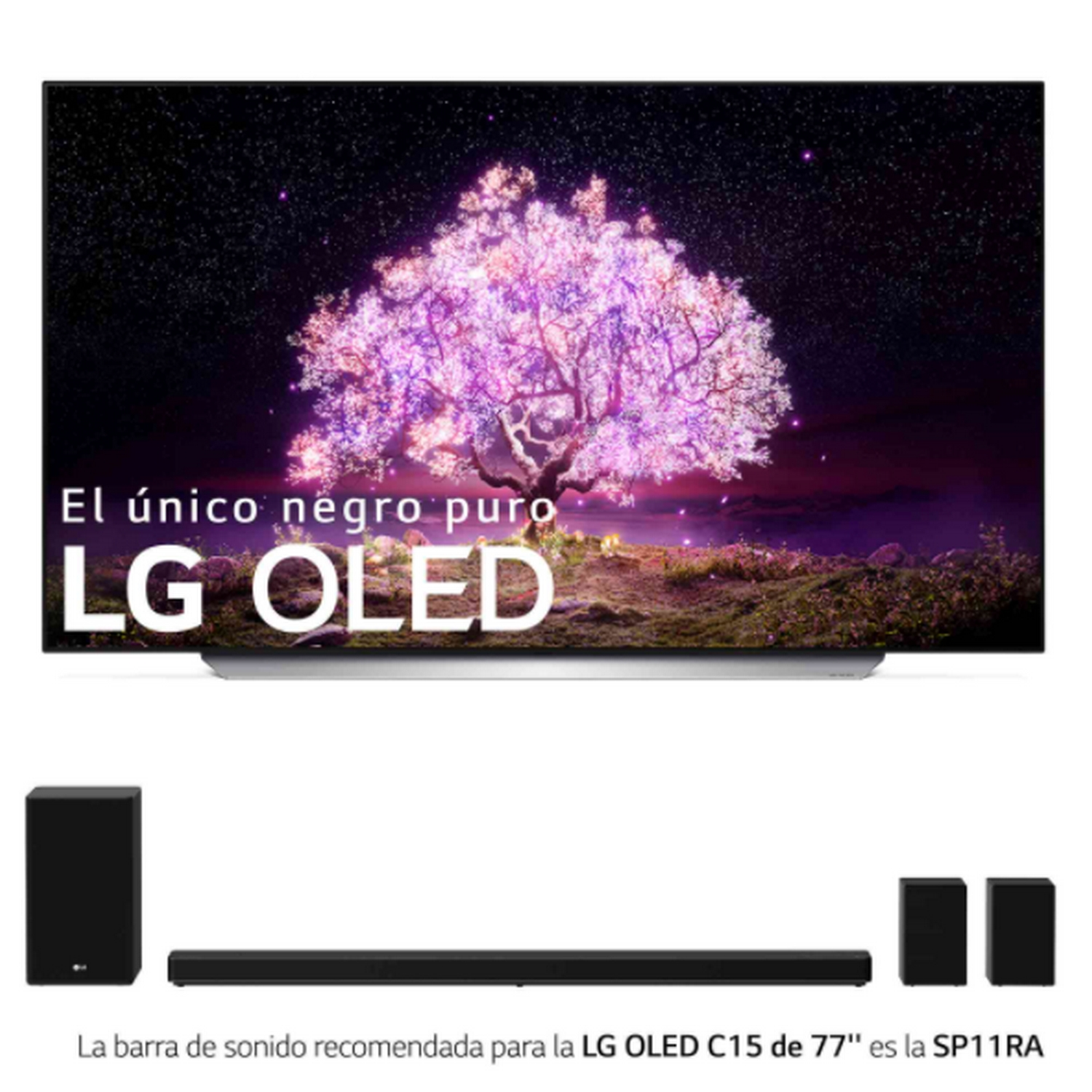 TV LG OLED que muestra un árbol con hojas rosas. Barra de sonido y altavoces abajo.