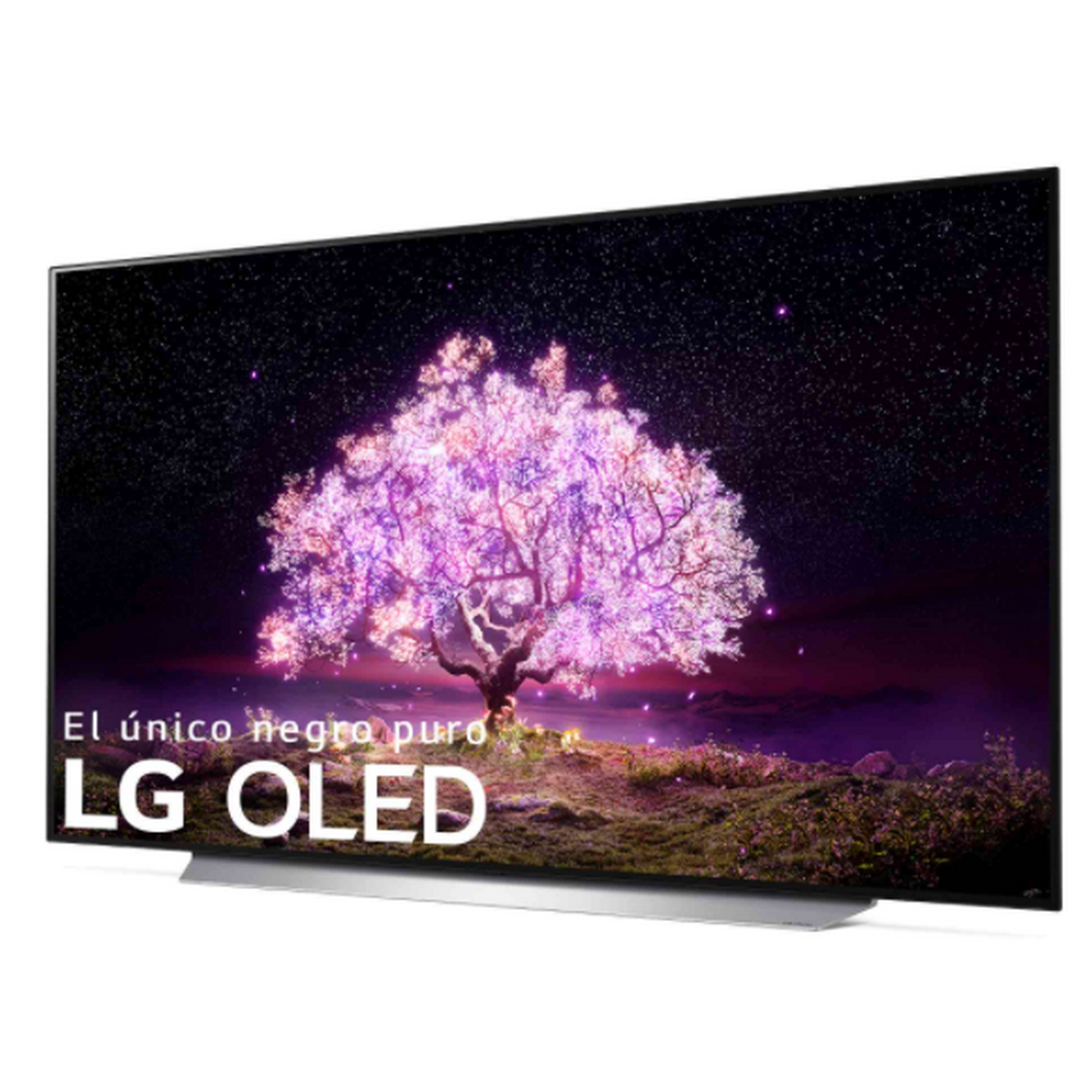 Televisor LG OLED mostrando un árbol con hojas rosas sobre un cielo estrellado.