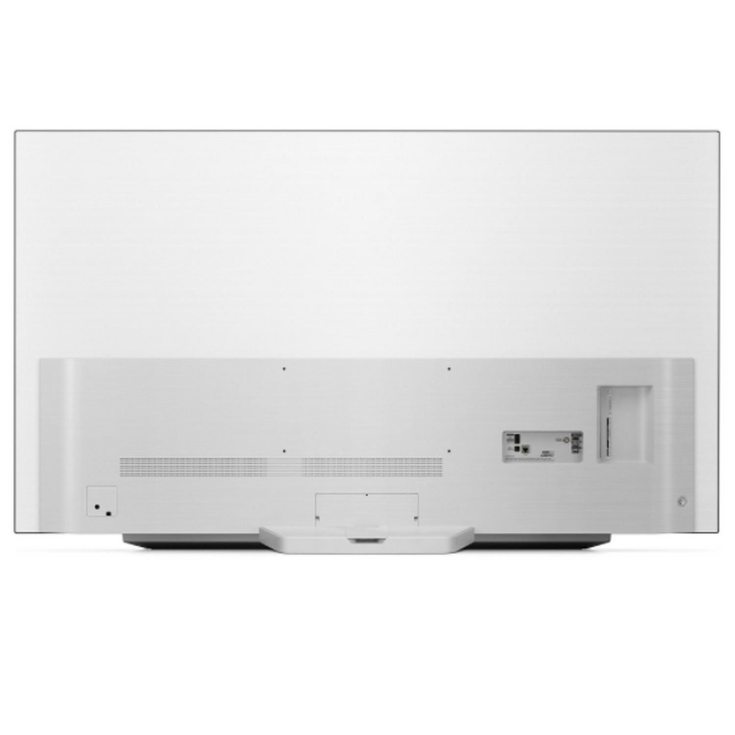 Parte trasera de un televisor blanco con puertos y soporte sobre un fondo blanco.