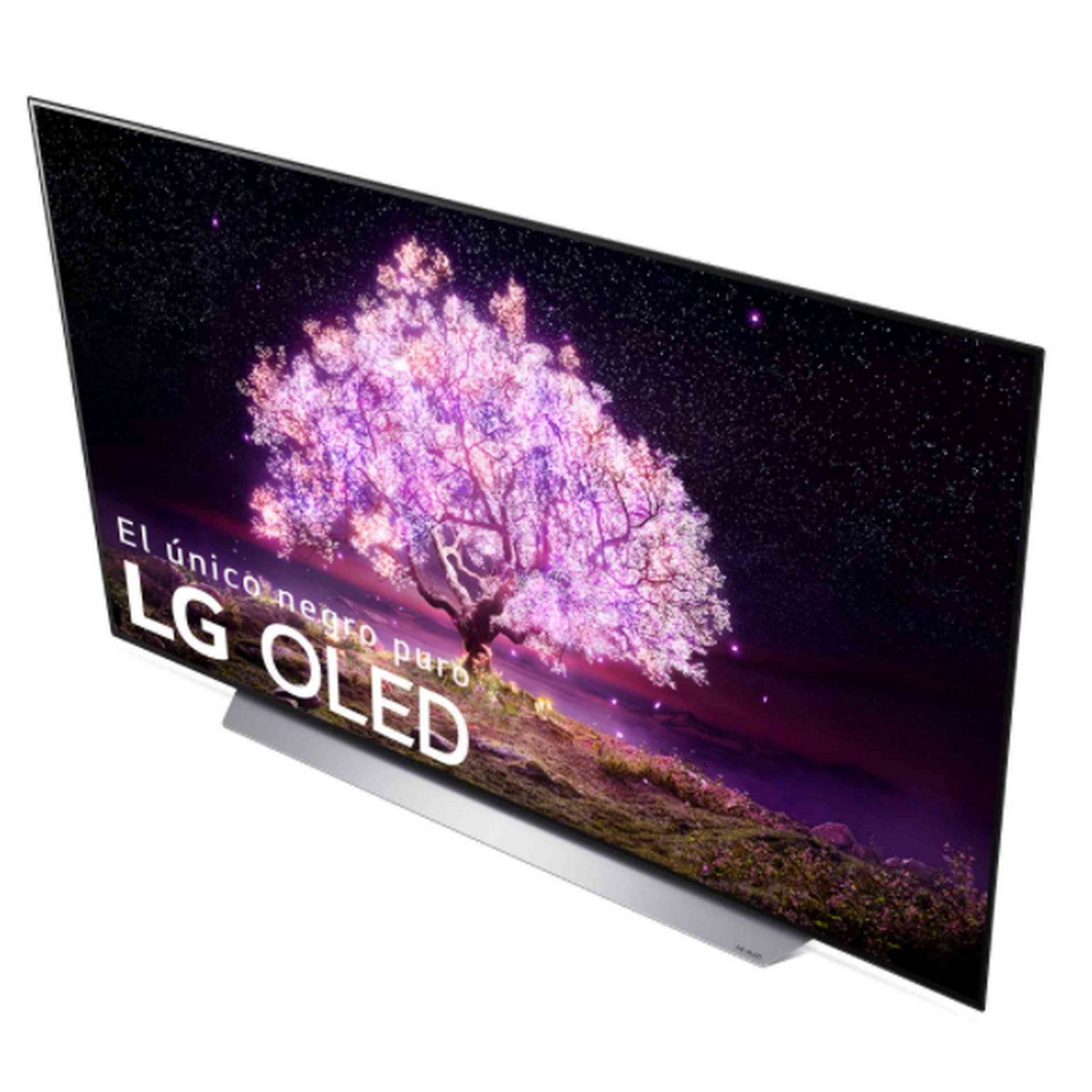 Un televisor LG OLED que muestra un cielo estrellado y un árbol en flor.  Angulado.
