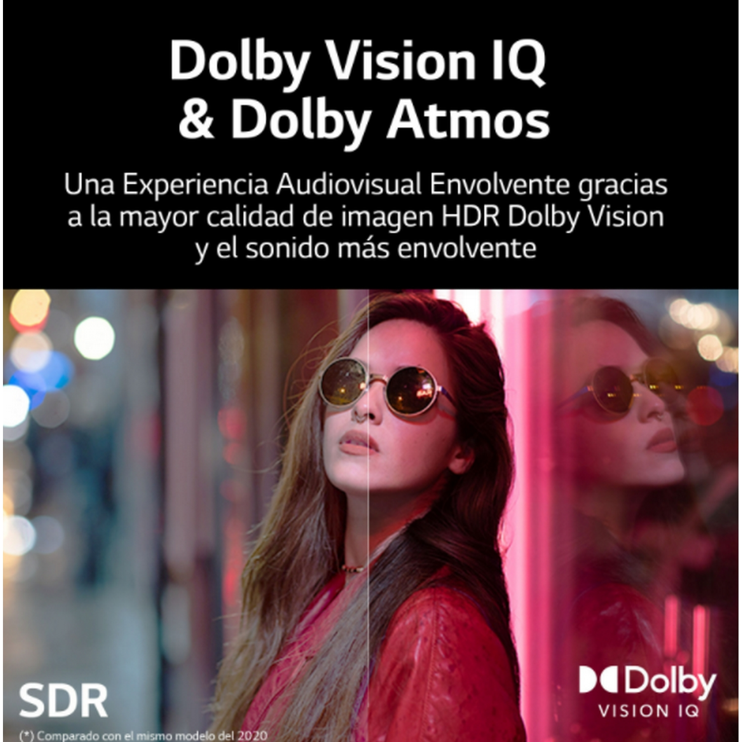 Una mujer con gafas de sol, la mitad de la imagen es SDR y la otra Dolby Vision.