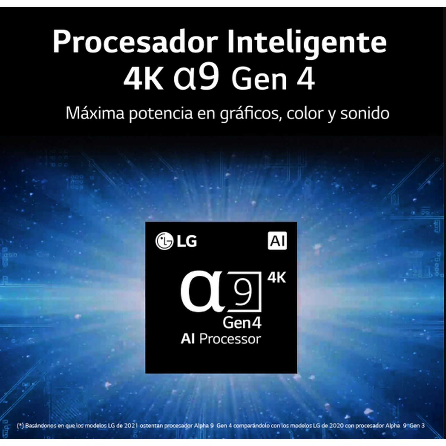 Anuncio de TV LG. El texto dice '4K α9 Gen 4' y 'Procesador IA'. El fondo es azul con efectos de luz.