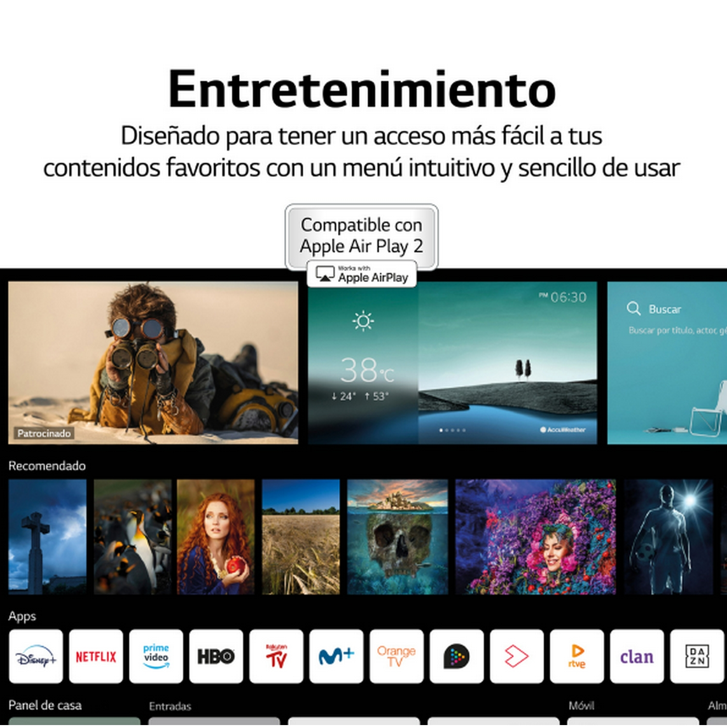 Interfaz de TV con menús. Muestra servicios de transmisión y un widget del tiempo.