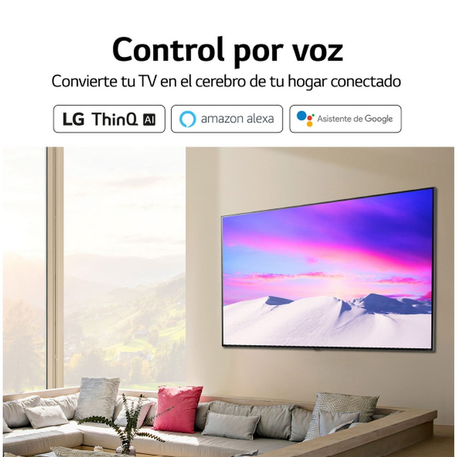 Un televisor moderno que muestra una escena de paisaje colorida. El fondo es una pared clara con ventana a la izquierda.