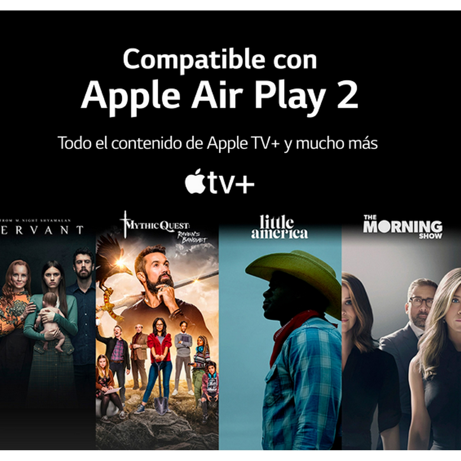 Imagen con contenido de Apple TV+. Programas como "Servant", "Mythic Quest" y "Little America".