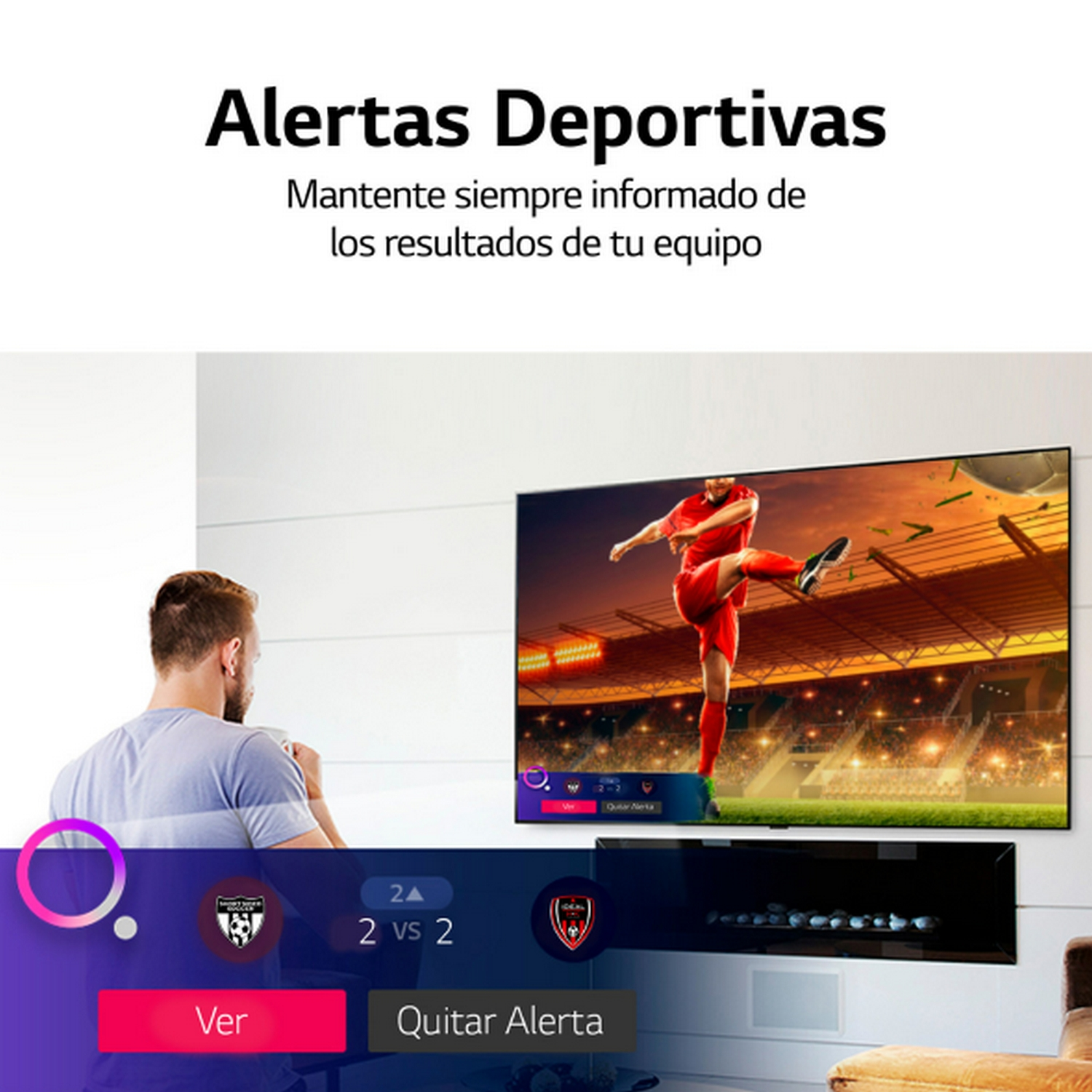 Hombre viendo la televisión con marcadores deportivos, con alerta rosa y morada.