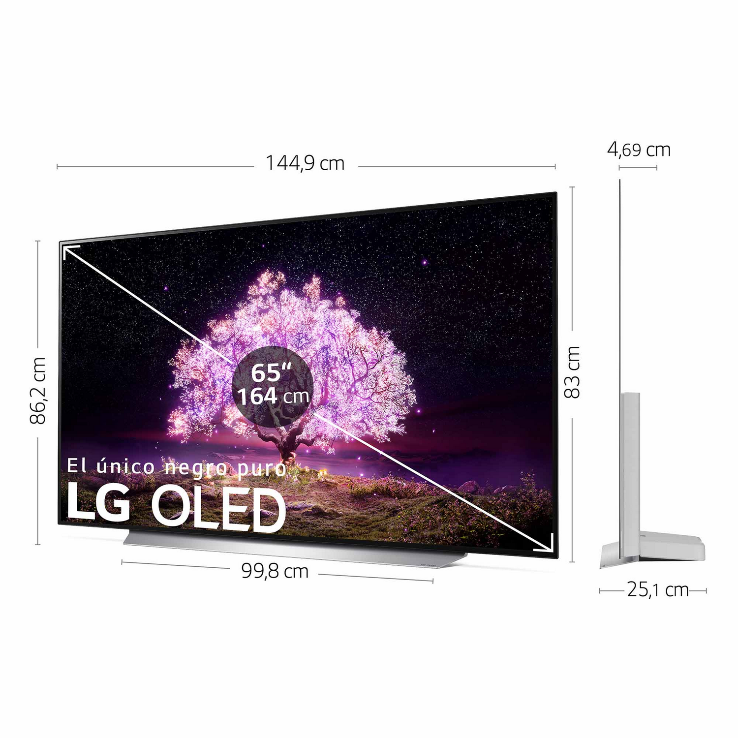 Televisor grande con dimensiones mostradas. Muestra una imagen de árbol. Fondo blanco.