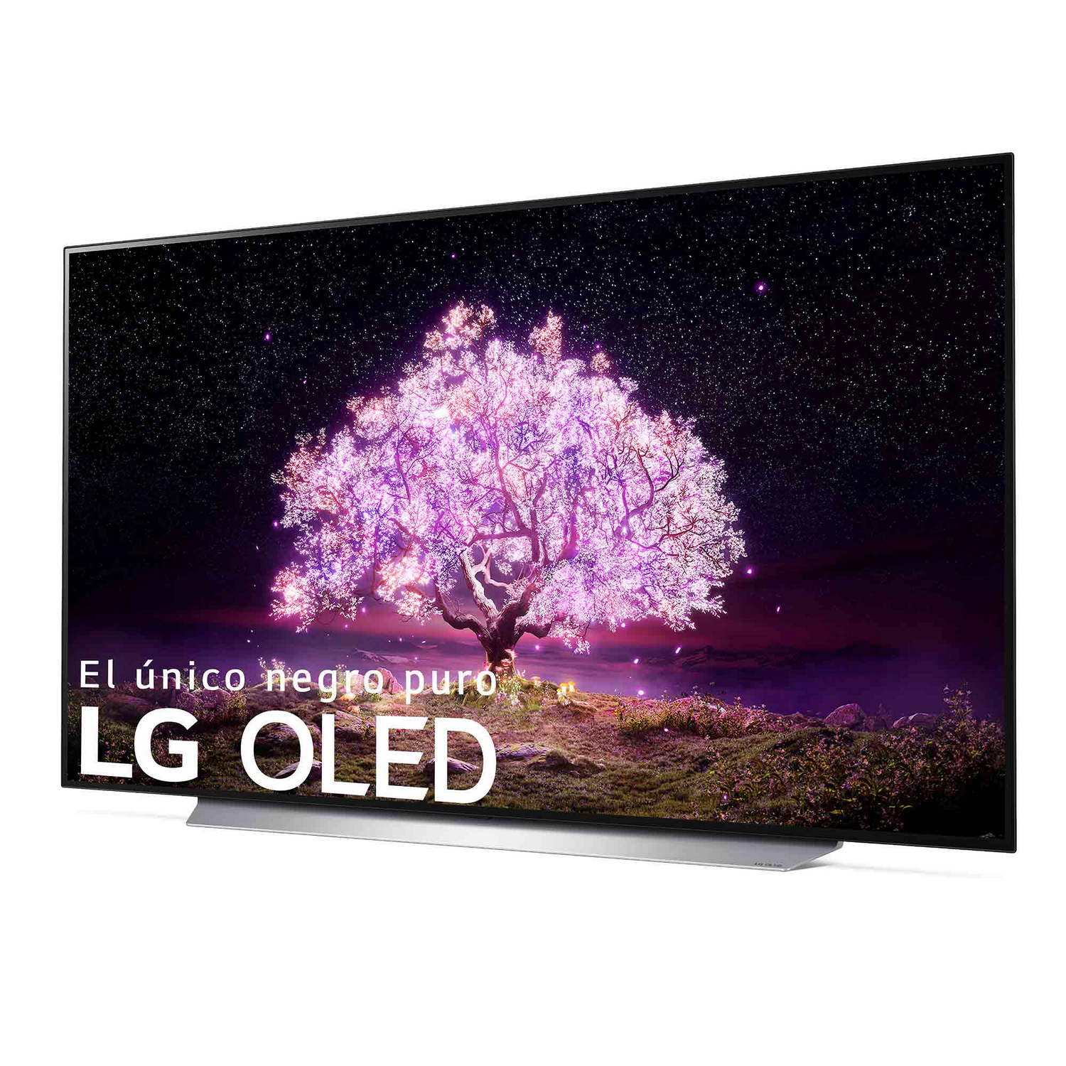Televisor OLED grande que muestra una noche estrellada y un árbol. Fondo oscuro, logotipo de LG abajo.