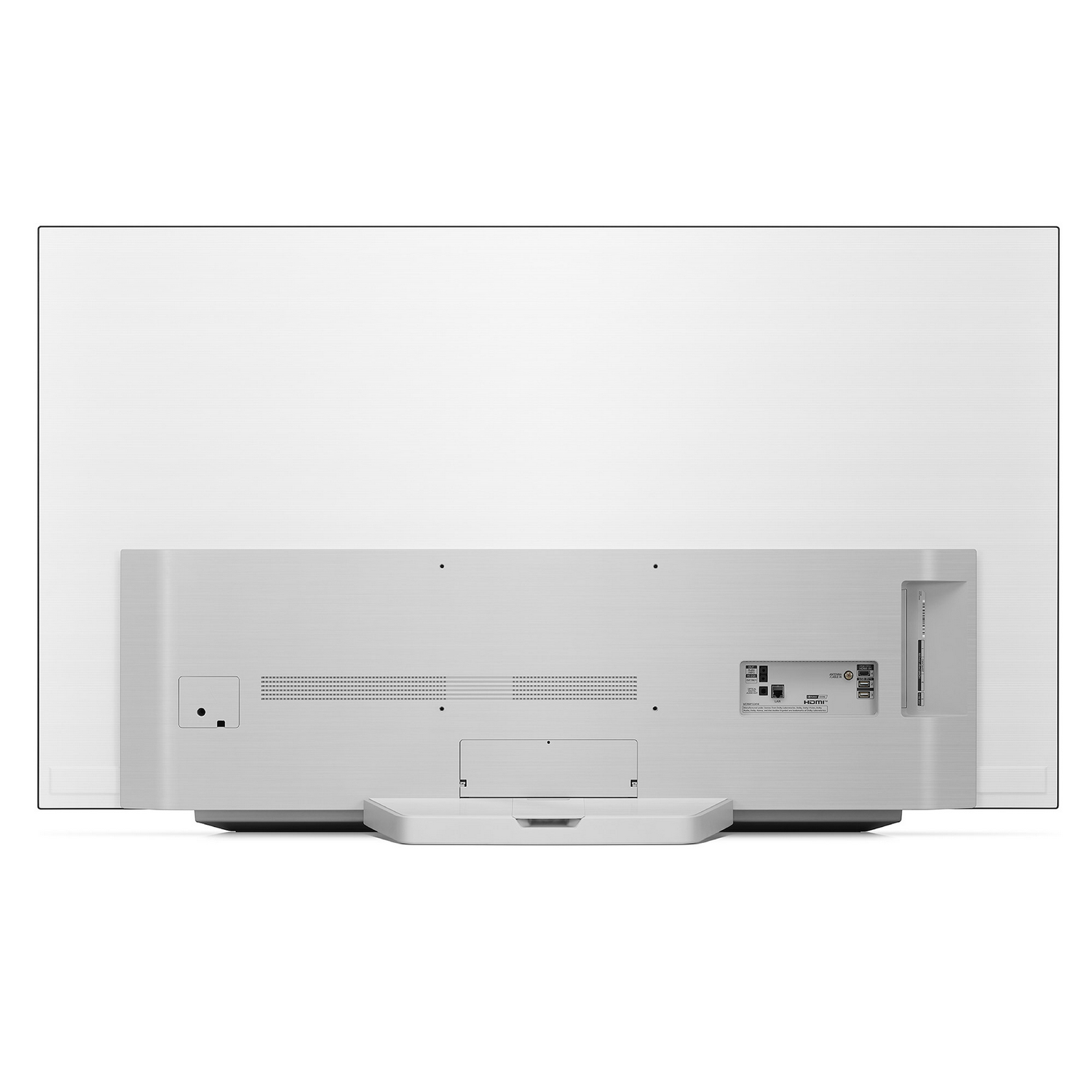 TV LG OLED blanco, vista trasera, con soporte y puertos.