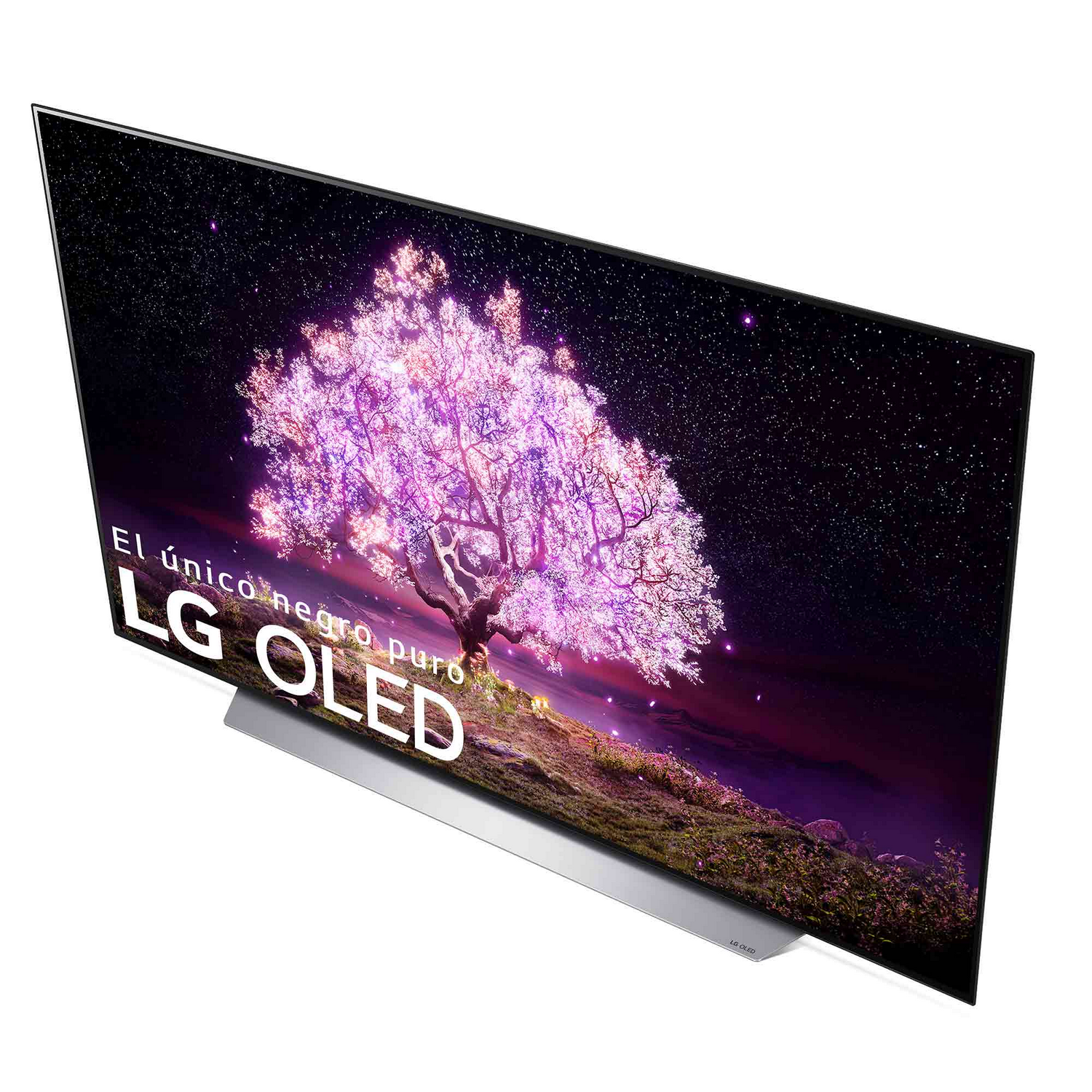 Un televisor LG OLED, vista en ángulo. Muestra una escena de árbol colorida sobre un fondo oscuro.