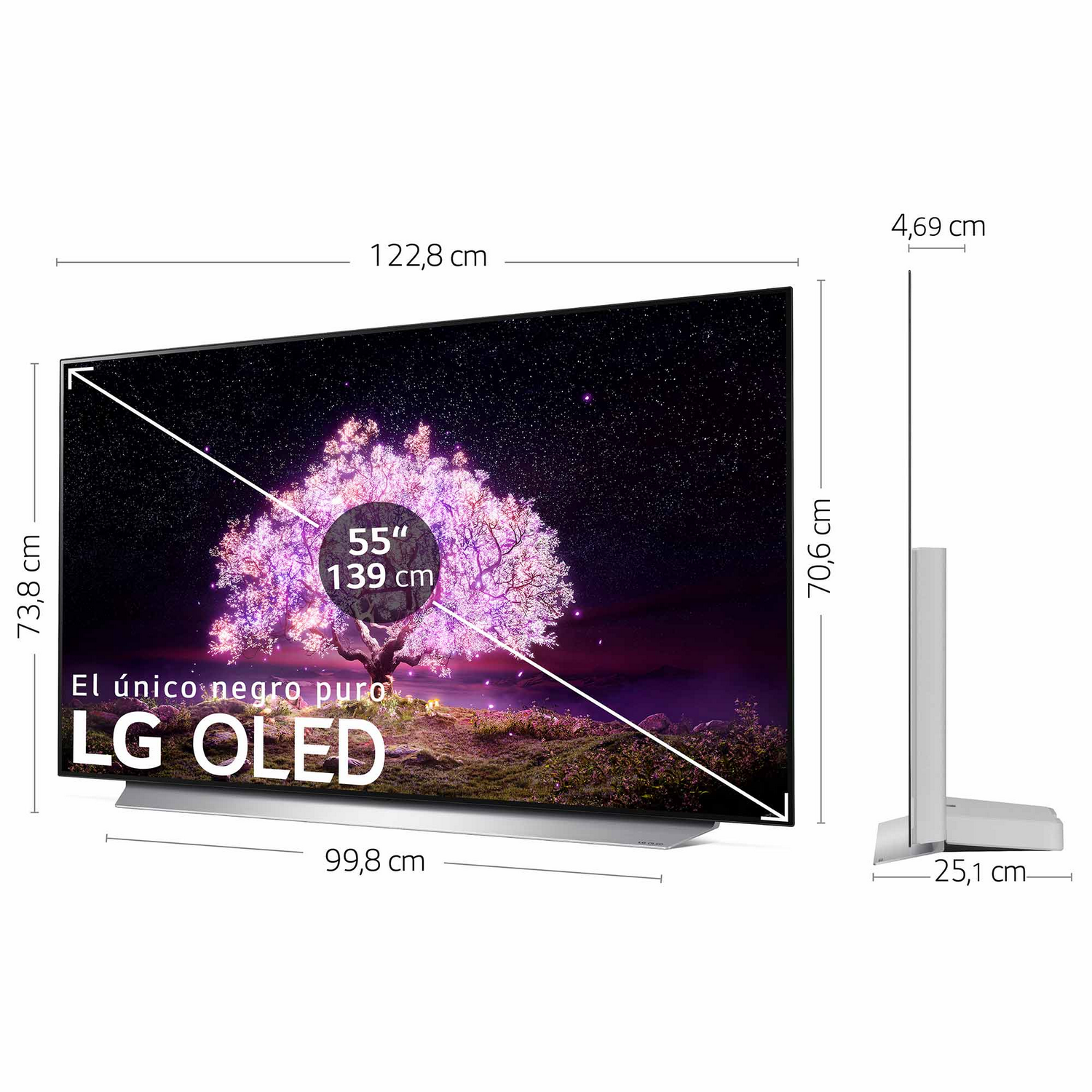 Televisor LG OLED de 55 pulgadas con dimensiones etiquetadas. Un árbol con flores rosas está en la pantalla. Fondo blanco.