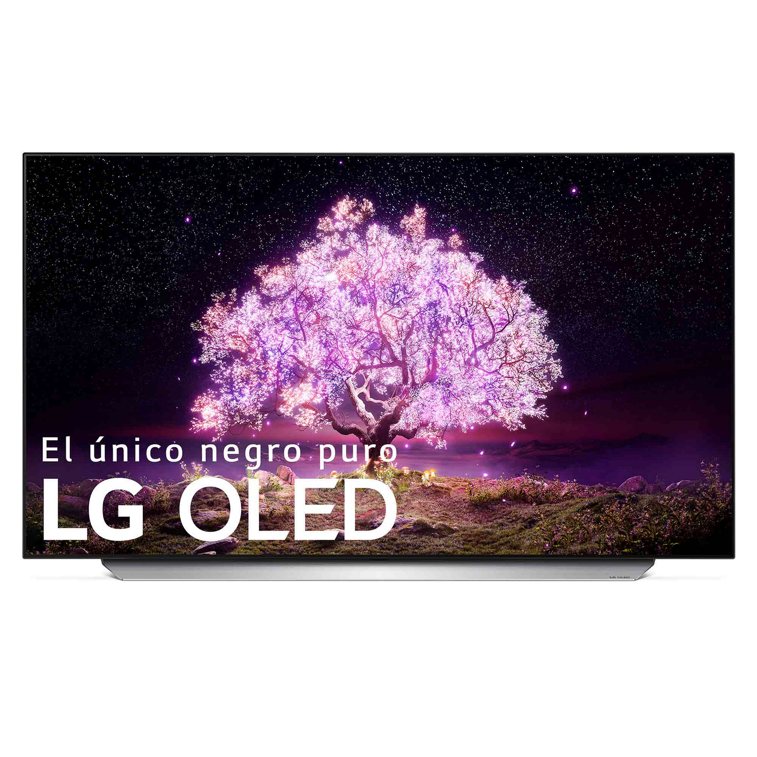 TV LG OLED mostrando un árbol con hojas rosas contra un cielo nocturno estrellado.