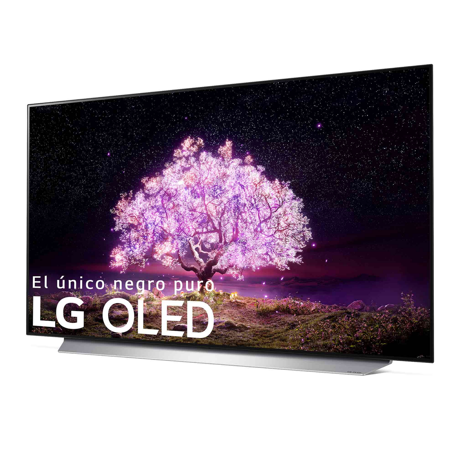 TV LG OLED con escena de cielo estrellado y árbol en flor. El televisor está sobre un soporte plateado.