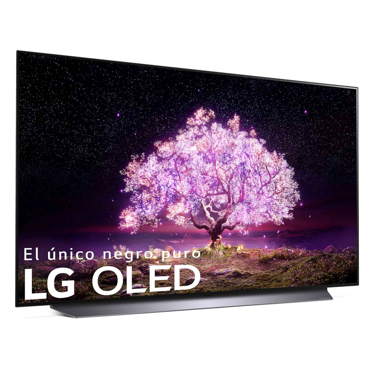 Televisor LG OLED con noche estrellada y una pantalla de cerezos en flor rosas.