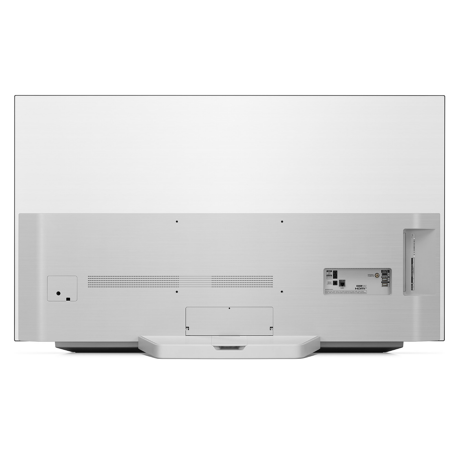 Parte trasera de un televisor blanco con soporte. Varios puertos y conectores son visibles.