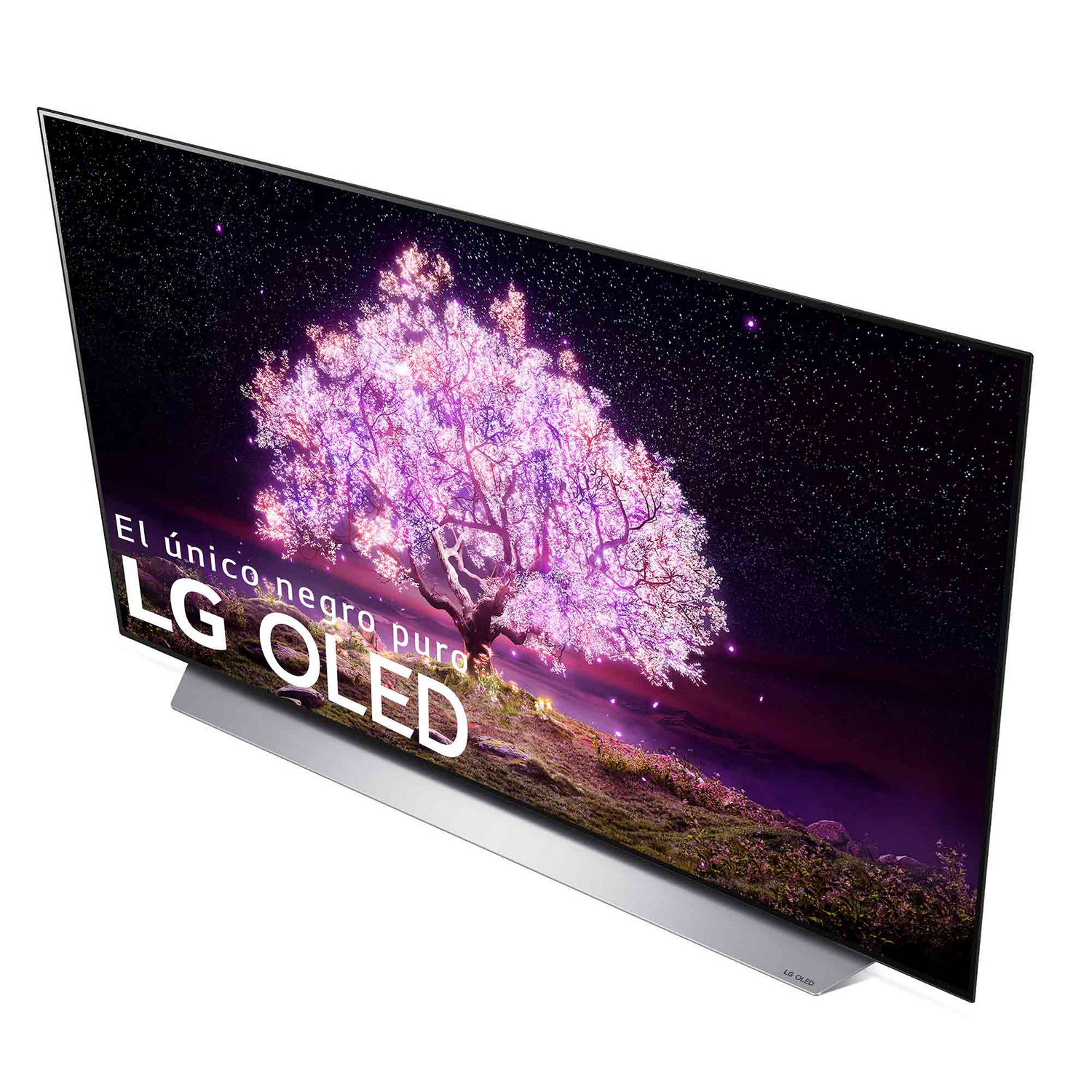 TV LG OLED, mostrando un árbol con flores rosas contra un cielo estrellado.