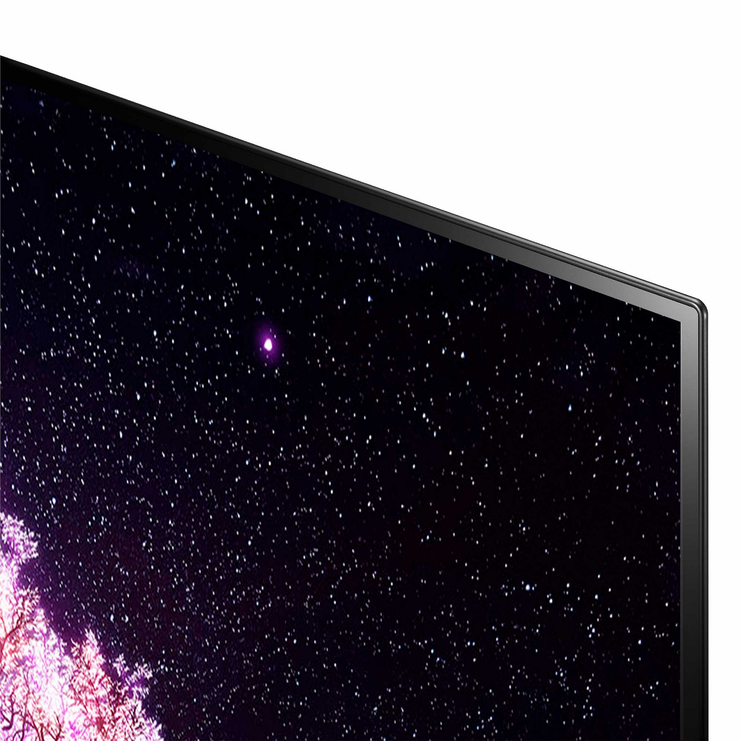 Primer plano de una pantalla de TV que muestra un cielo nocturno estrellado con un primer plano rosa.