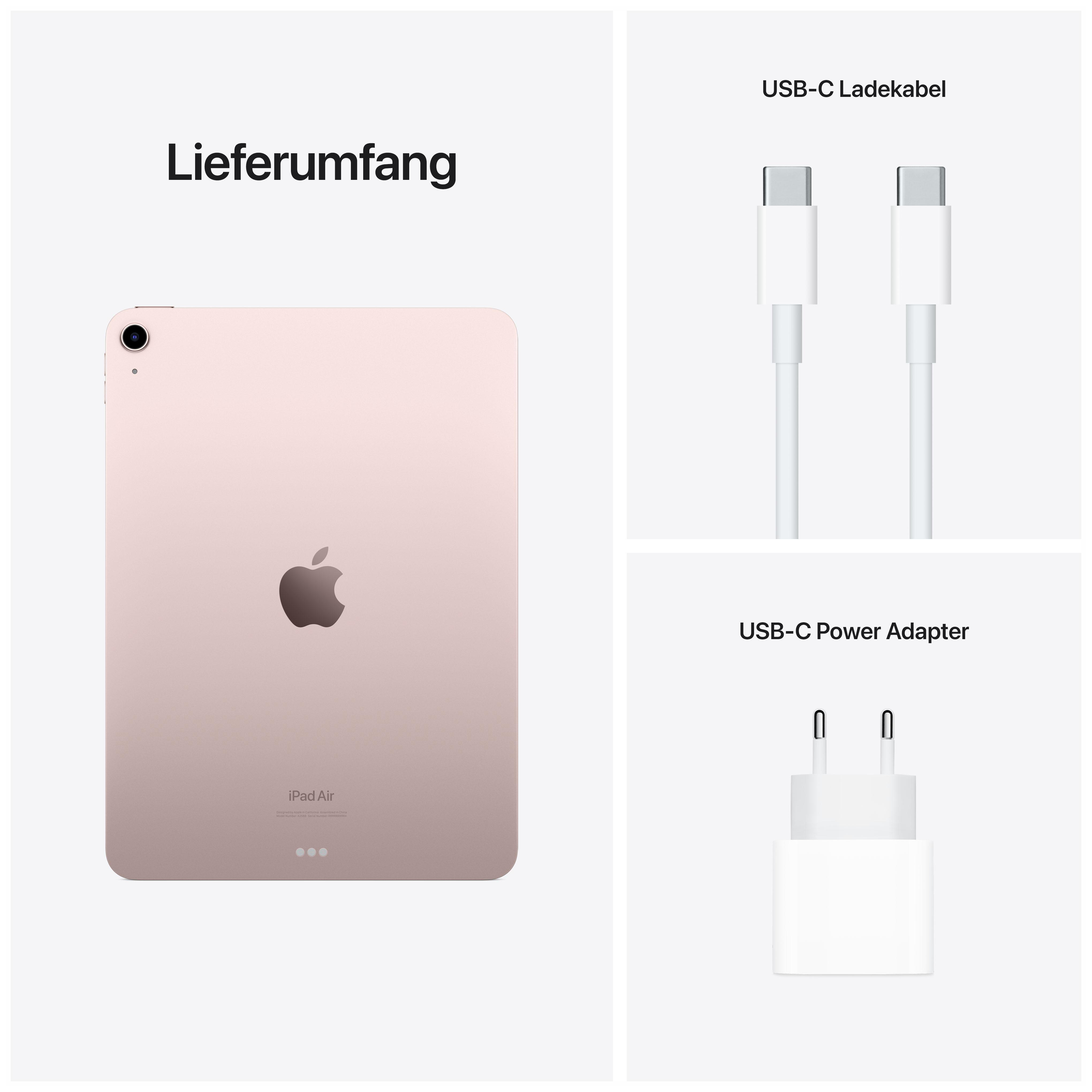 iPad Air mit Zubehör: Ladegerät und Kabel, alles auf weißem Hintergrund.