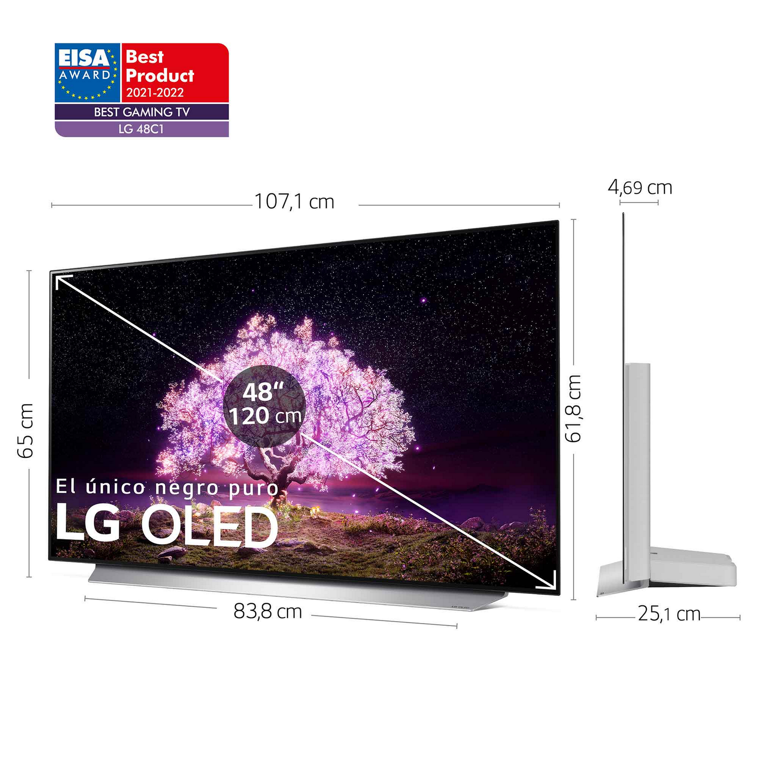 TV LG OLED con dimensiones, pantalla negra con imagen rosa y blanca brillante.