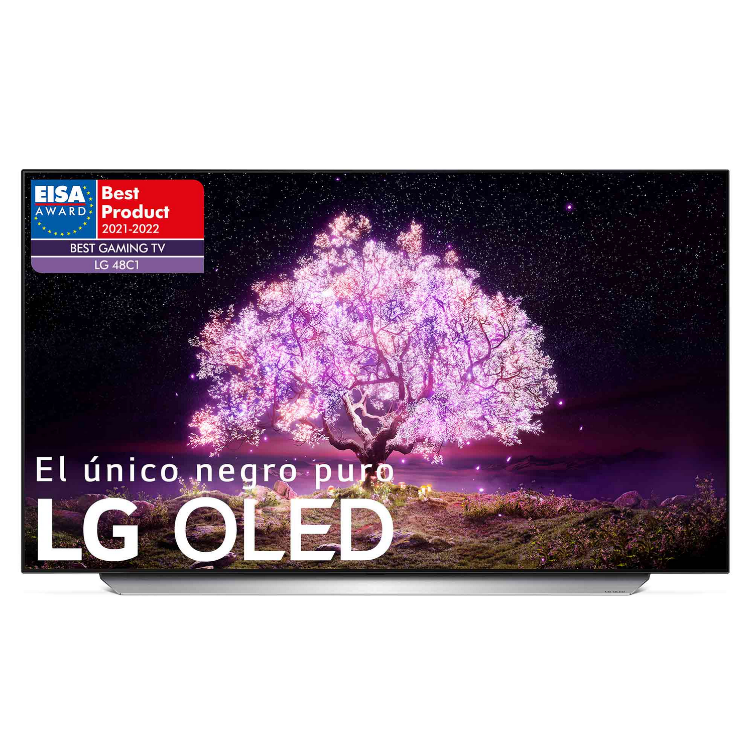 Un televisor negro grande con una pantalla rosa en forma de árbol y texto en la parte inferior.
