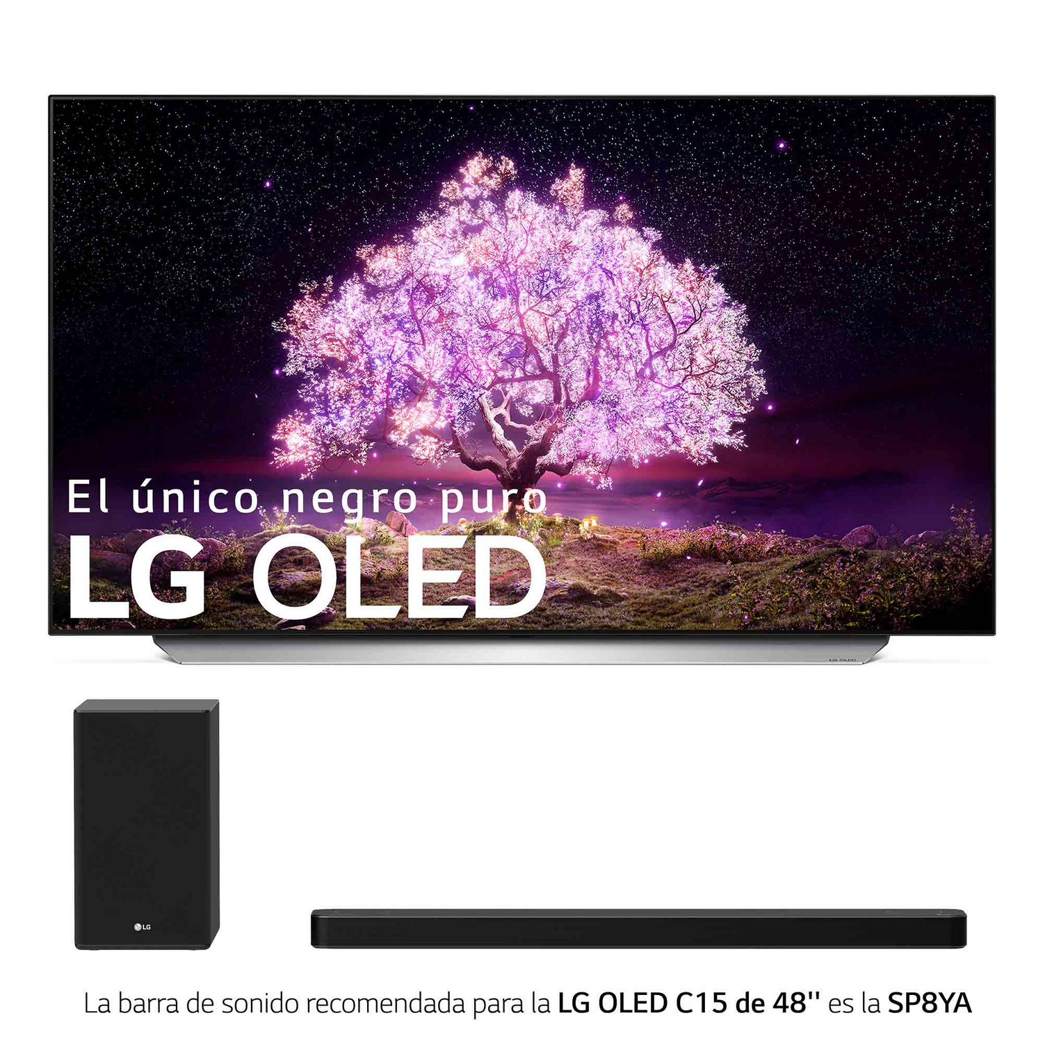TV LG OLED con árbol rosa vibrante. Barra de sonido y subwoofer debajo del TV.