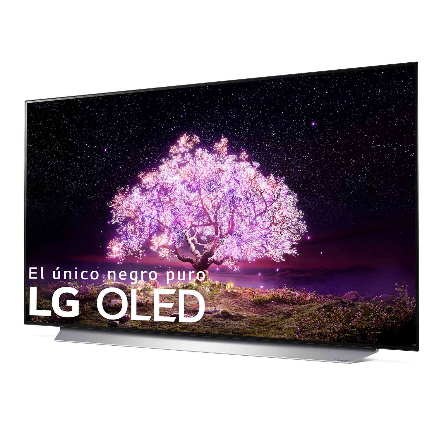 TV LG OLED mostrando escena nocturna con árbol púrpura. LG OLED y texto visibles.