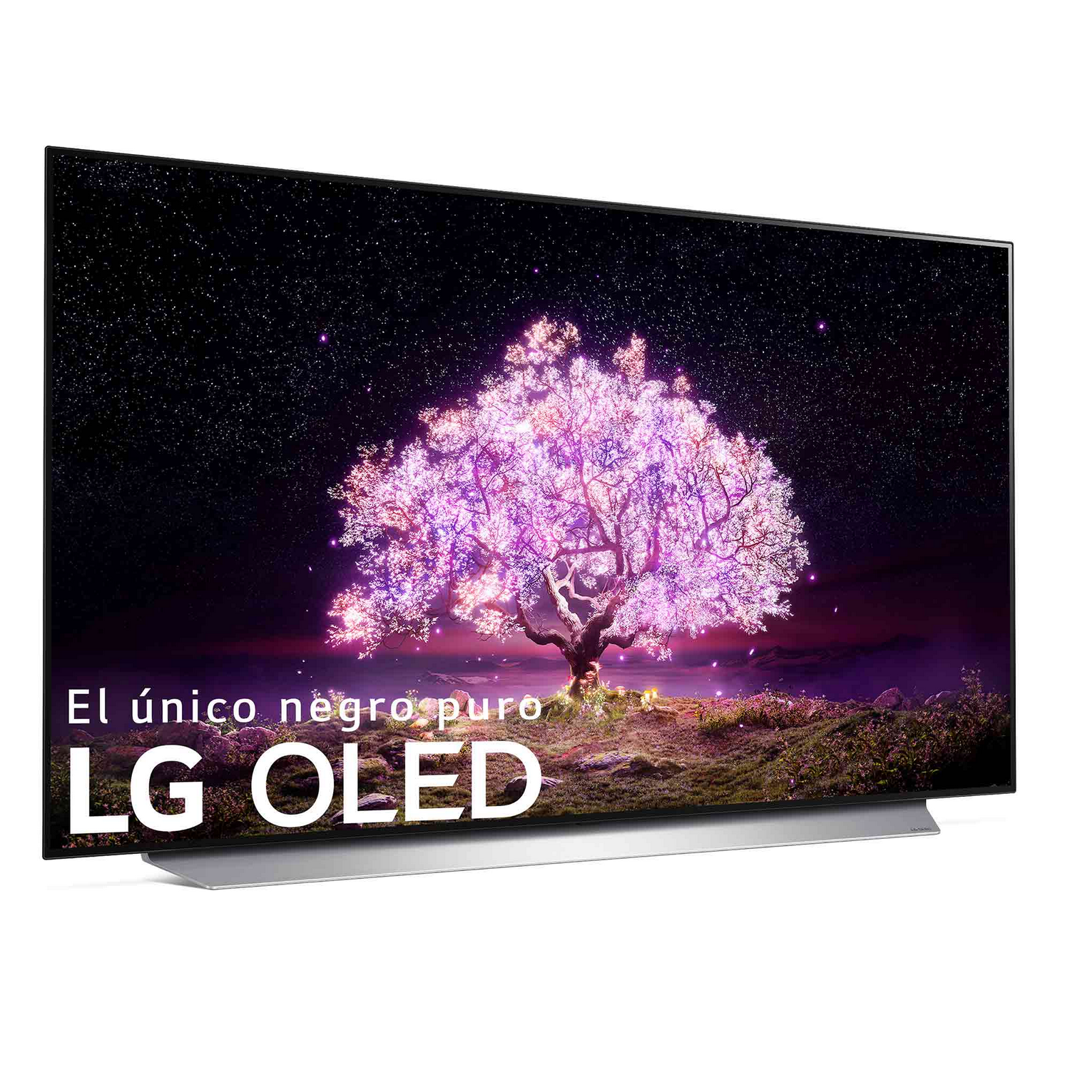 TV LG OLED mostrando un vibrante árbol rosa contra un cielo nocturno estrellado.
