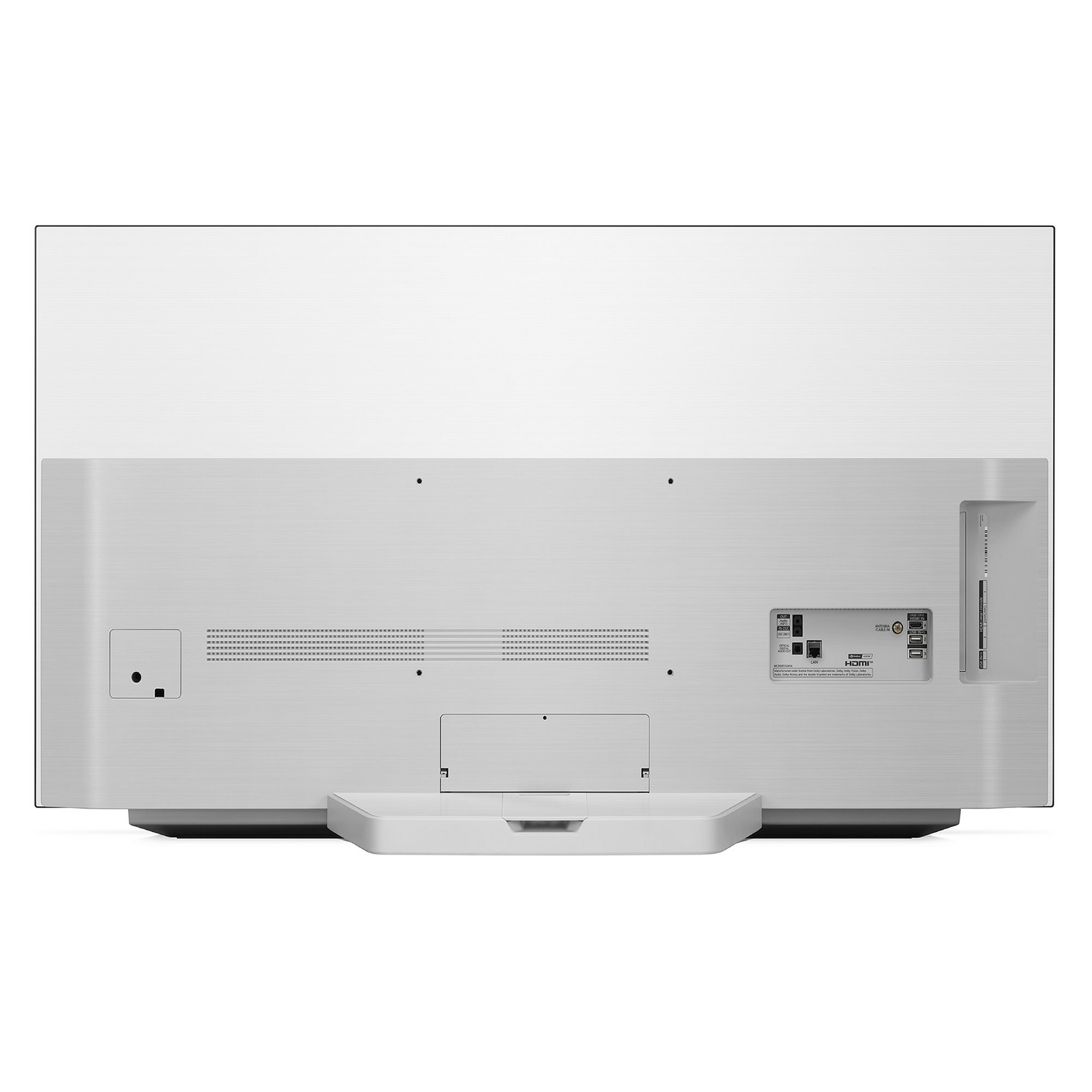 Parte trasera de un televisor blanco con varios puertos y un soporte, sobre un fondo blanco.
