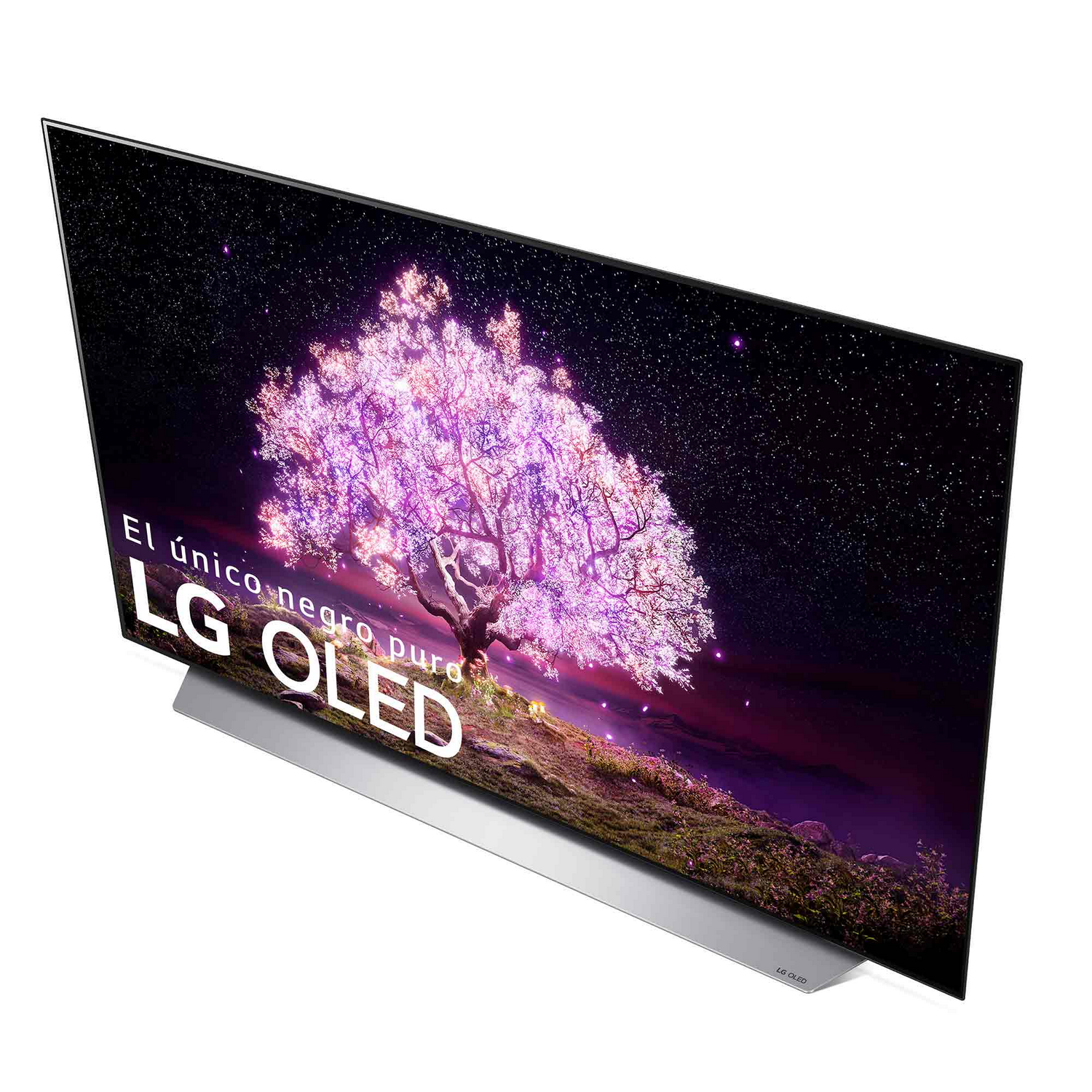 Un televisor OLED negro, mostrando un árbol en flor rosa, con un soporte plateado.