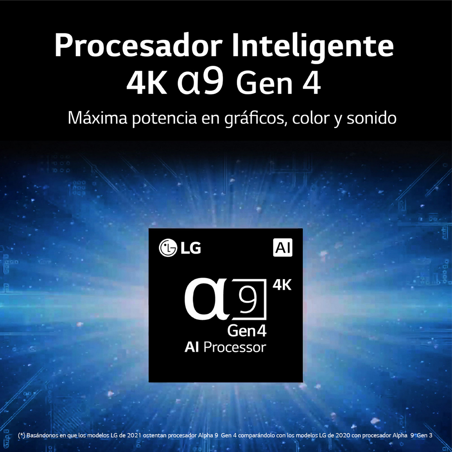 Imagen de una pantalla con texto en español: 'Procesador Inteligente 4K a9 Gen 4'.
