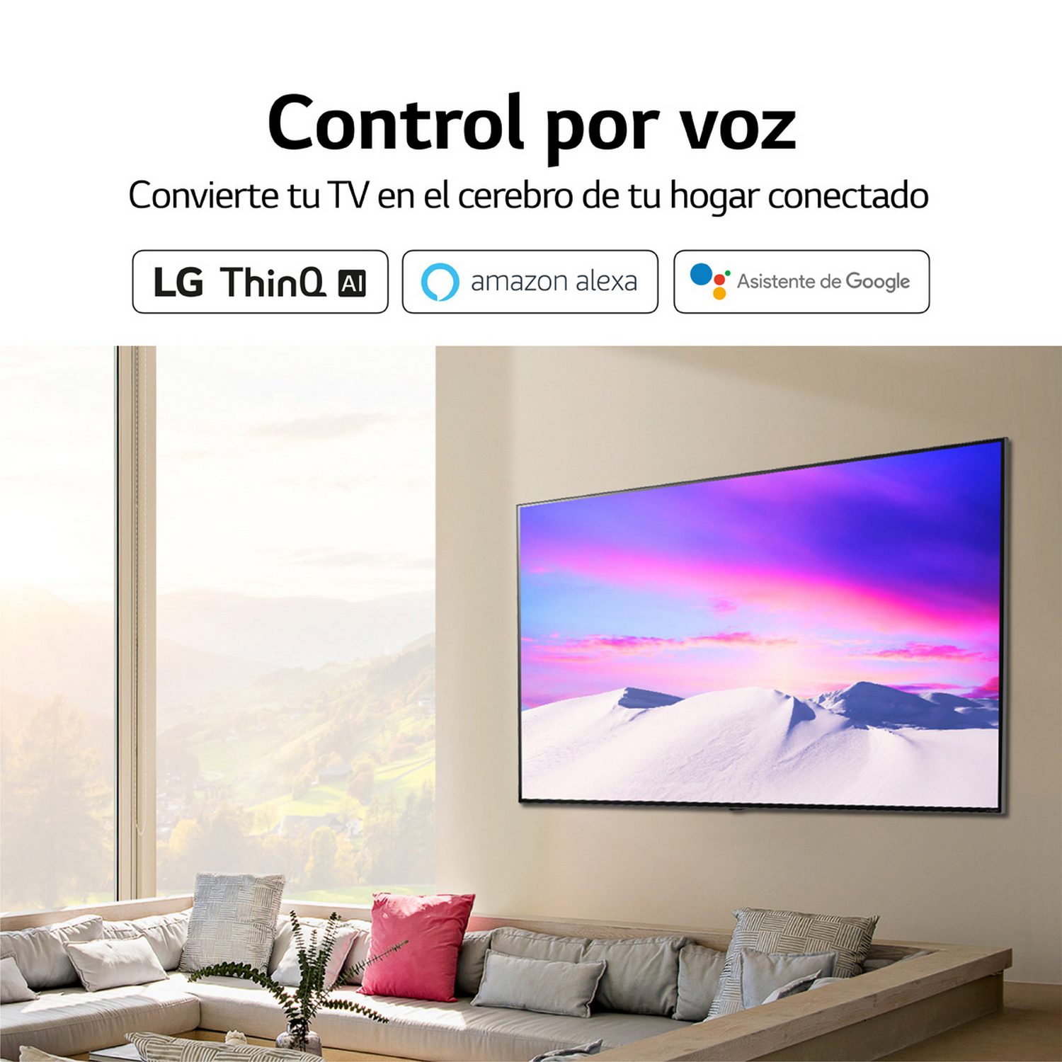 Un televisor que muestra una escena de montaña colorida. El texto dice "Control por voz" y menciona asistentes de voz.
