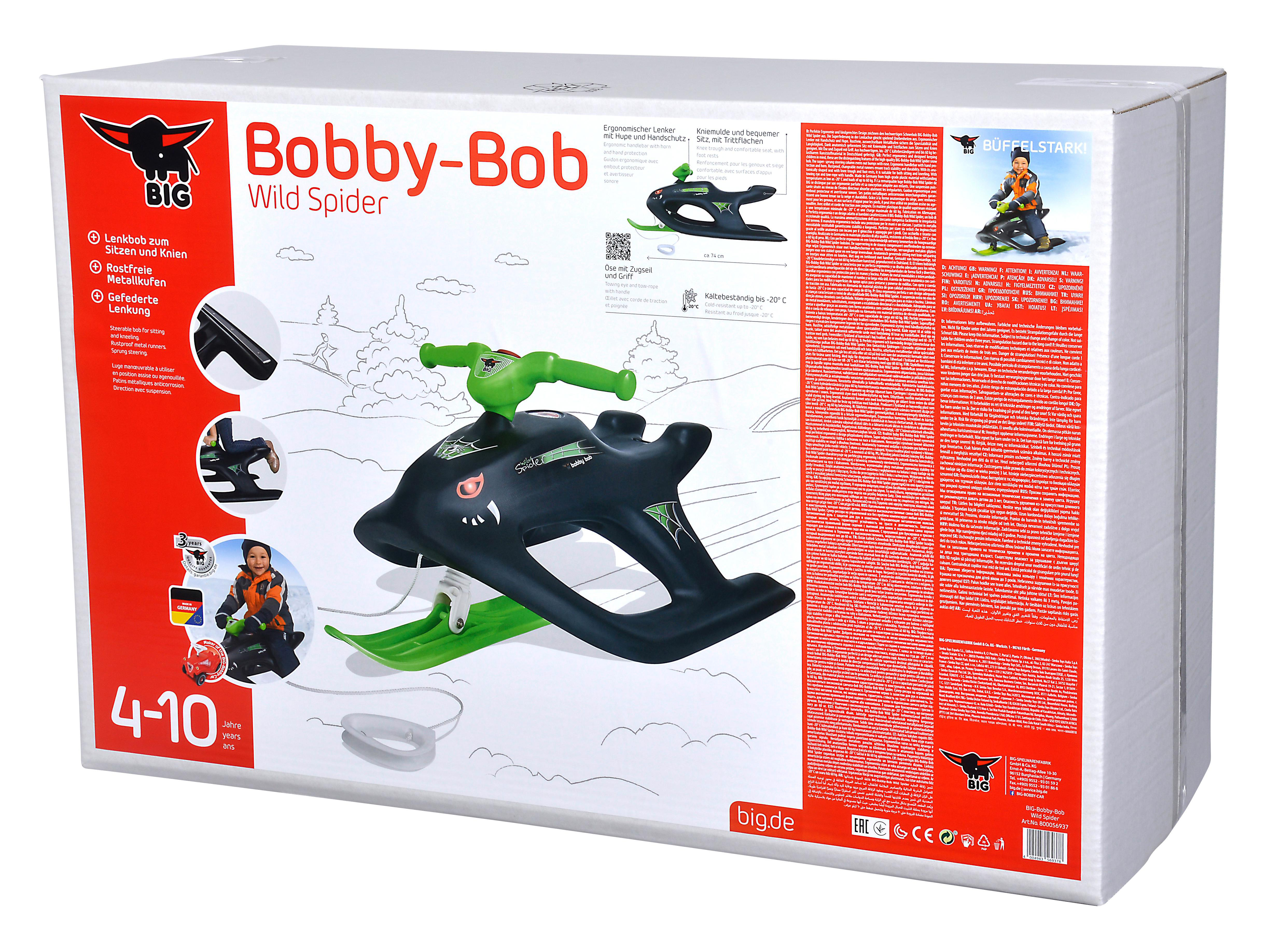 Karton für einen Bobby-Bob Wild Spider Schlitten. Zeigt den Schlitten und eine Person beim Rodeln.