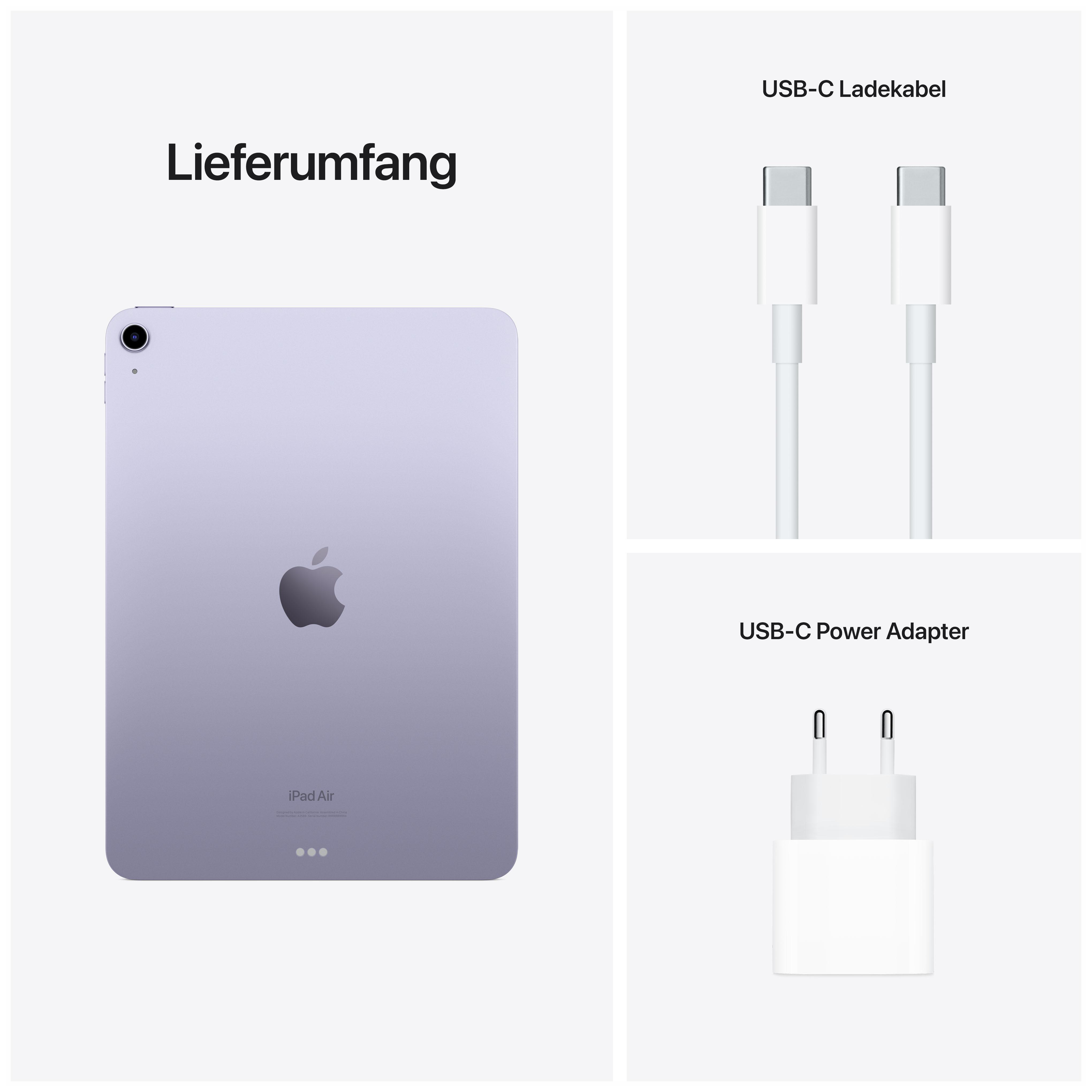 iPad Air, USB-C-Ladekabel und USB-C-Netzteil. Weißer Hintergrund.