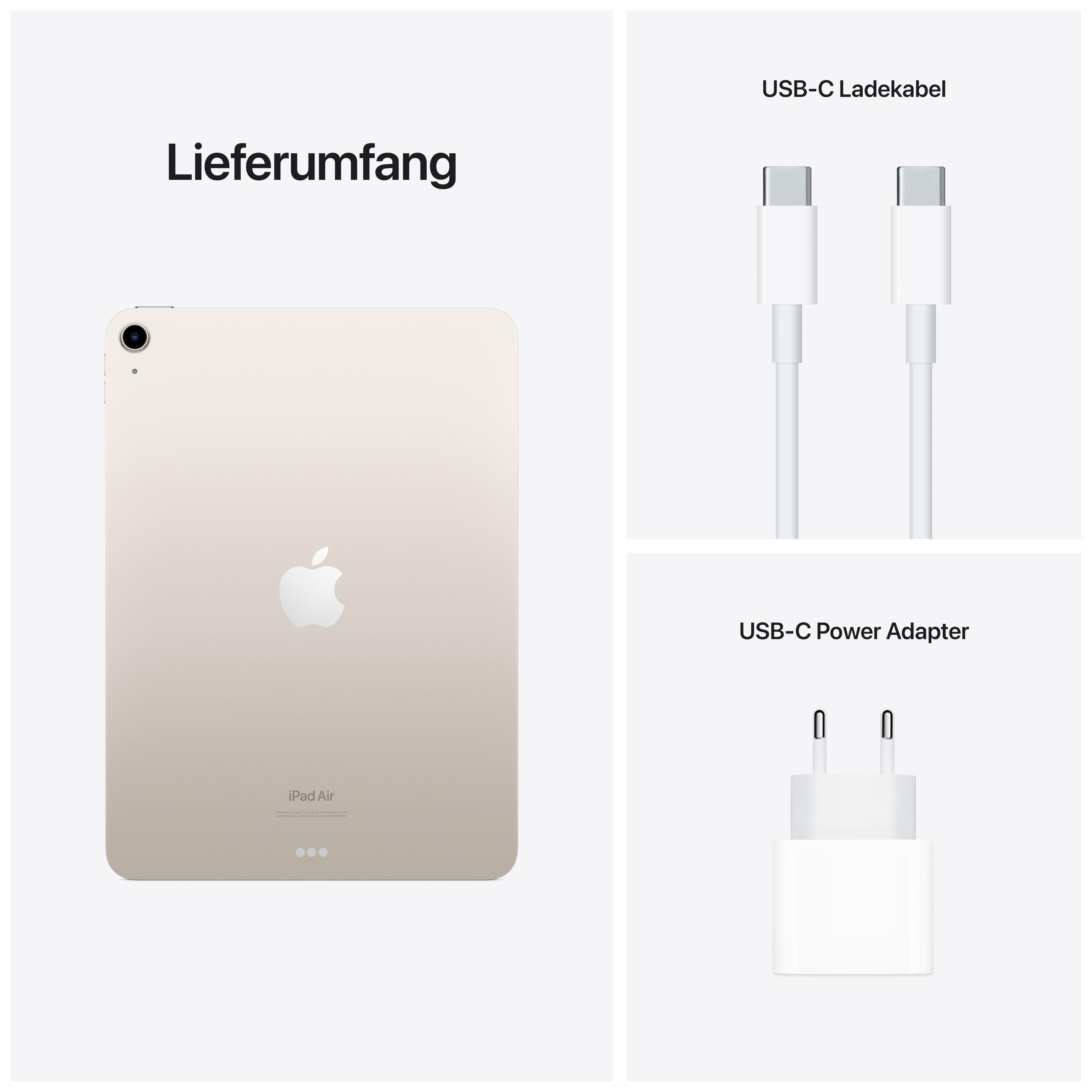 Ein iPad Air mit Zubehör: ein Ladekabel und ein Netzteil.