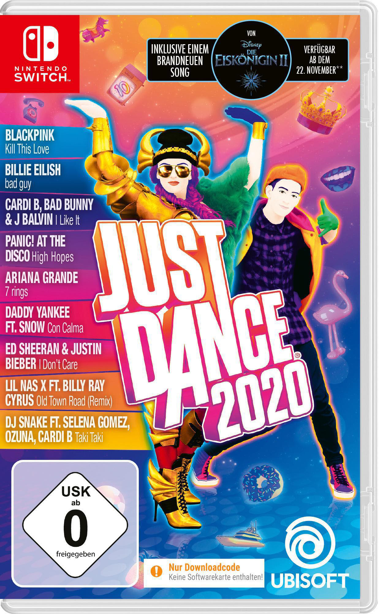 Just Dance 2020 Videospielbox. Figuren tanzen. Songtitel und Logo sind sichtbar.
