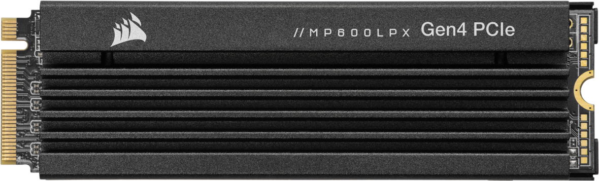 SSD PCIe Gen4 MP600LPX nero di Corsair. La vista dall'alto mostra le alette e il logo Corsair. Testo: MP600LPX Gen4 PCIe.