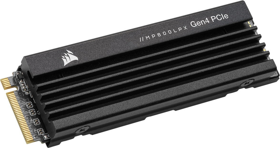 Un SSD PCIe Gen4 MP600LPX Corsair nero e rettangolare con alette di dissipazione, su sfondo nero.
