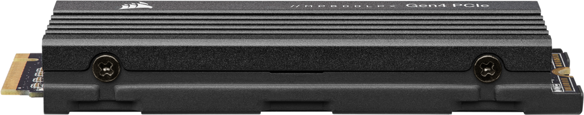 SSD PCIe Gen4 Corsair nero, con viti e testo, visto dall'alto.