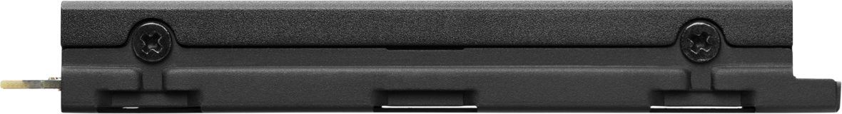 Primo piano della base di un dispositivo con viti. Nero e rettangolare.