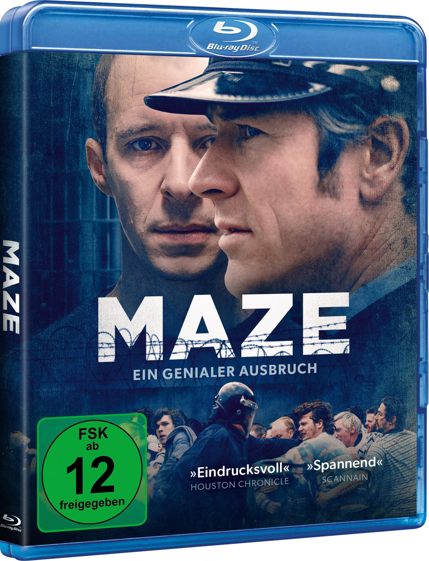 Blu-ray-Filmcover. Zwei Männer mit dem Titel 'MAZE' und Text auf Deutsch.