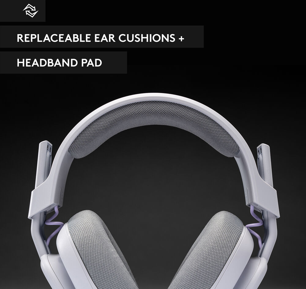 Weißes Gaming-Headset, Nahaufnahme von Ohrpolstern und Kopfband. Text: Austauschbare Ohrpolster + Kopfbandpolster.