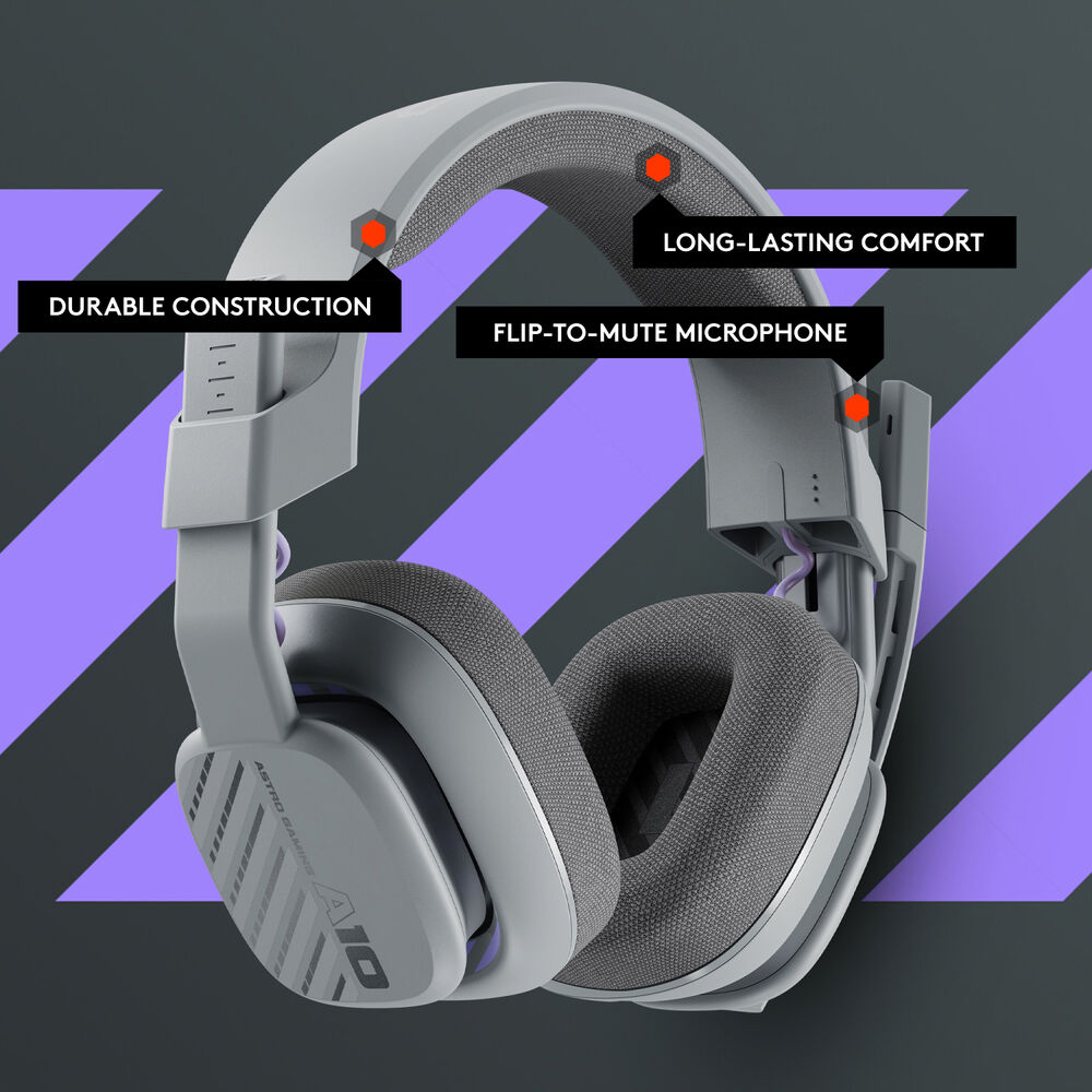 Graues Gaming-Headset mit Beschriftungen wie 'Durable Construction' und 'Flip-to-Mute Microphone' auf lila Hintergrund.